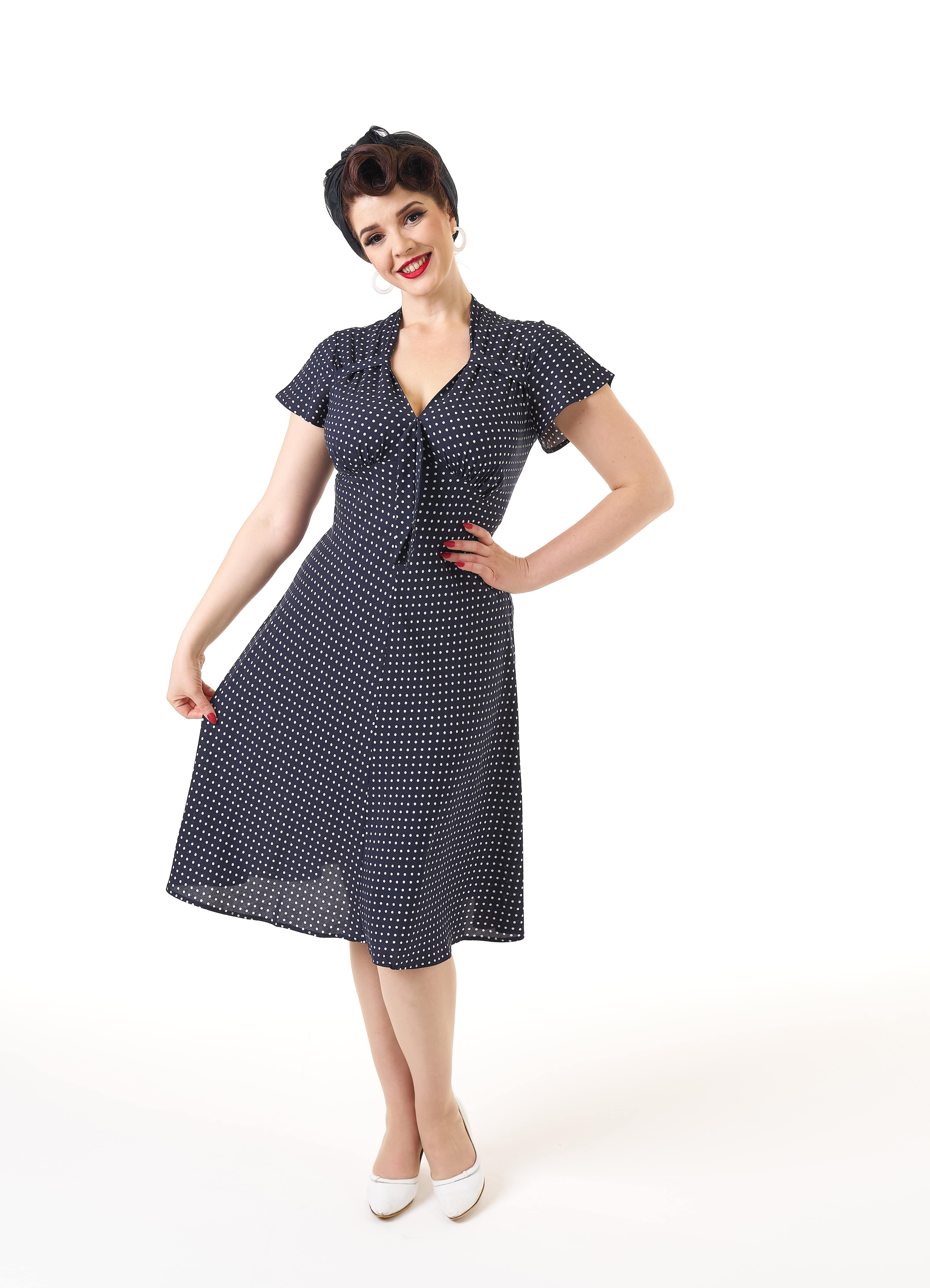 1940s Tea Dress - Navy Polka