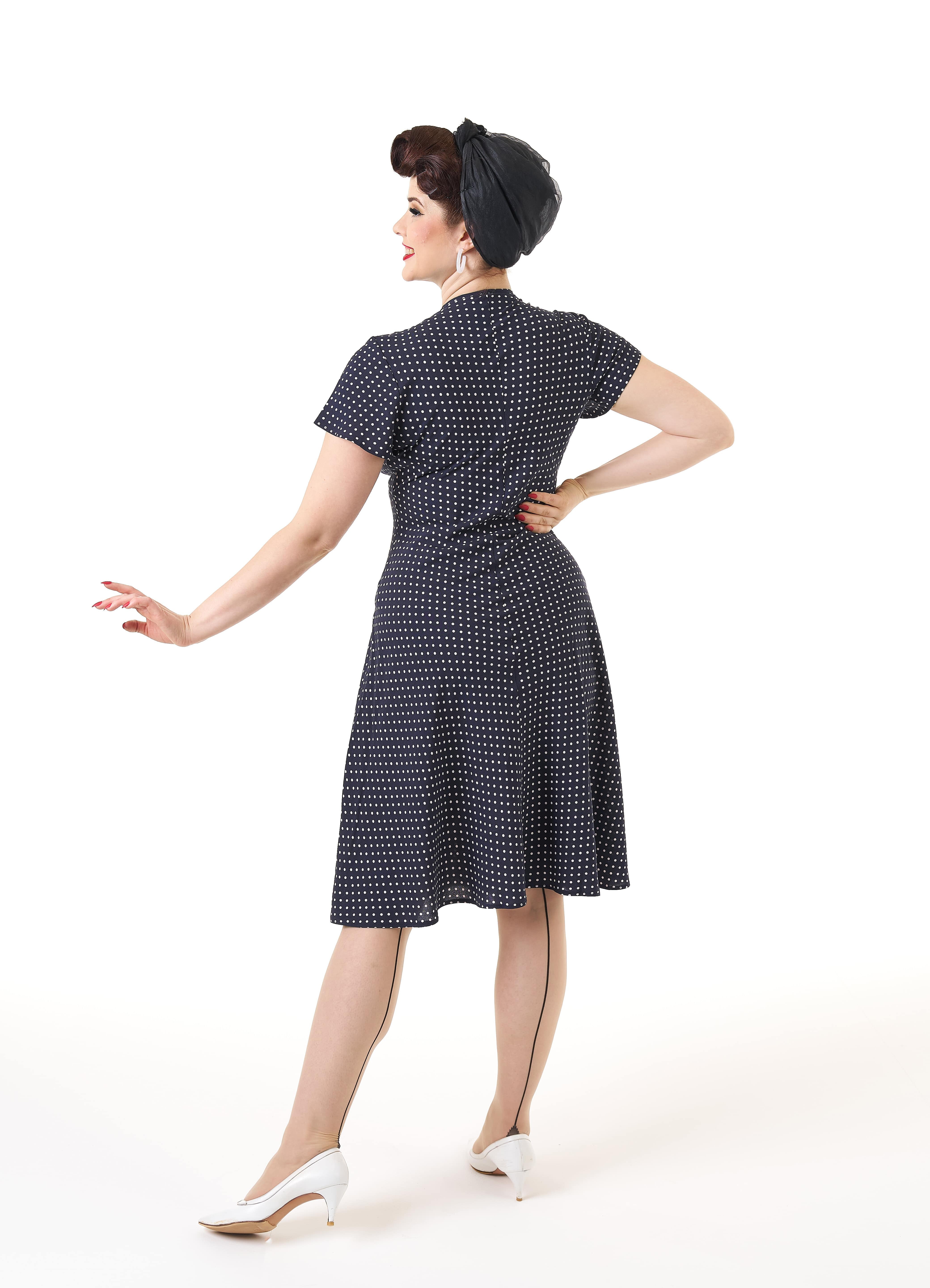 1940s Tea Dress - Navy Polka