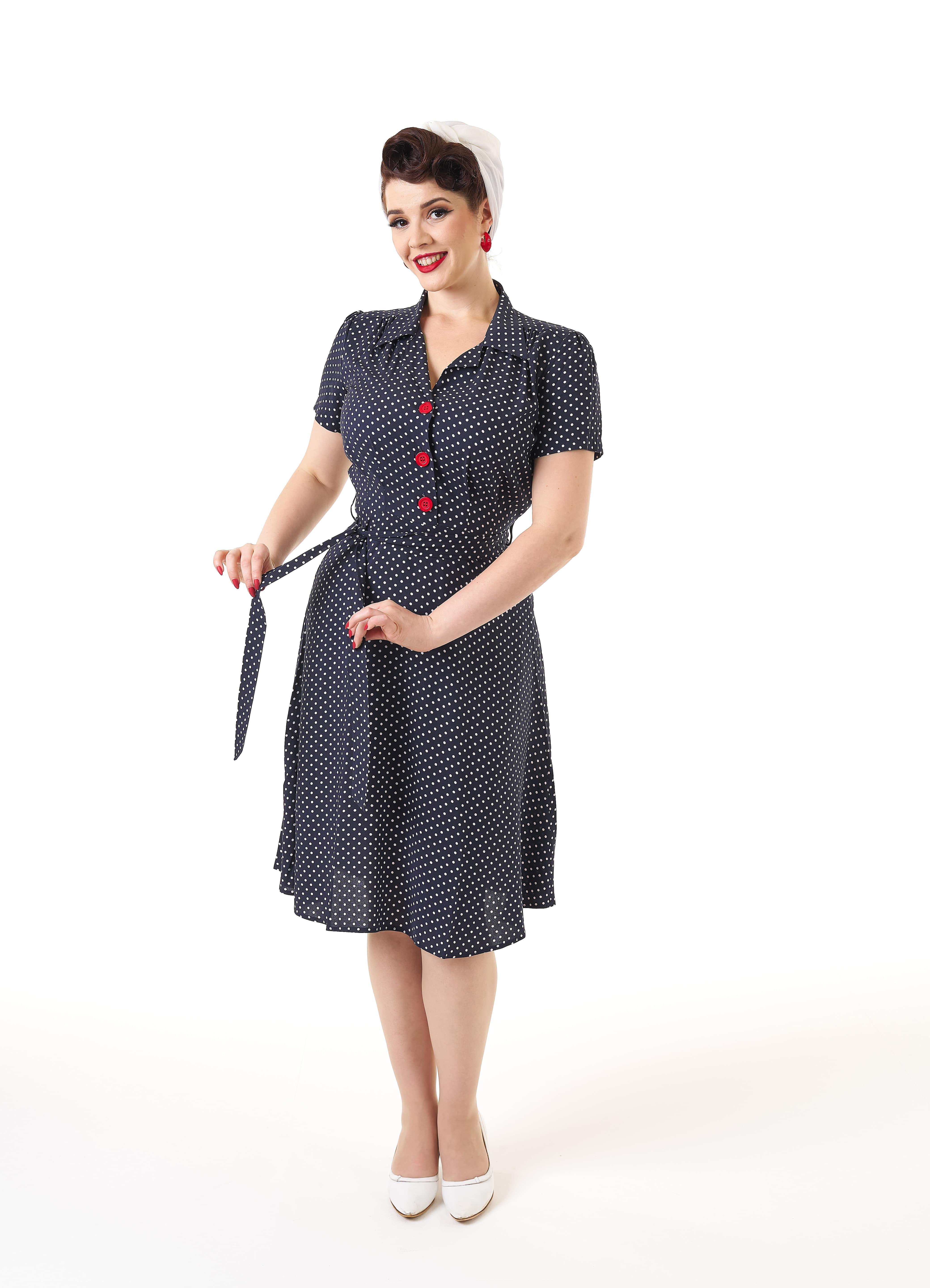 1940s Shirt Dress - Navy Polka