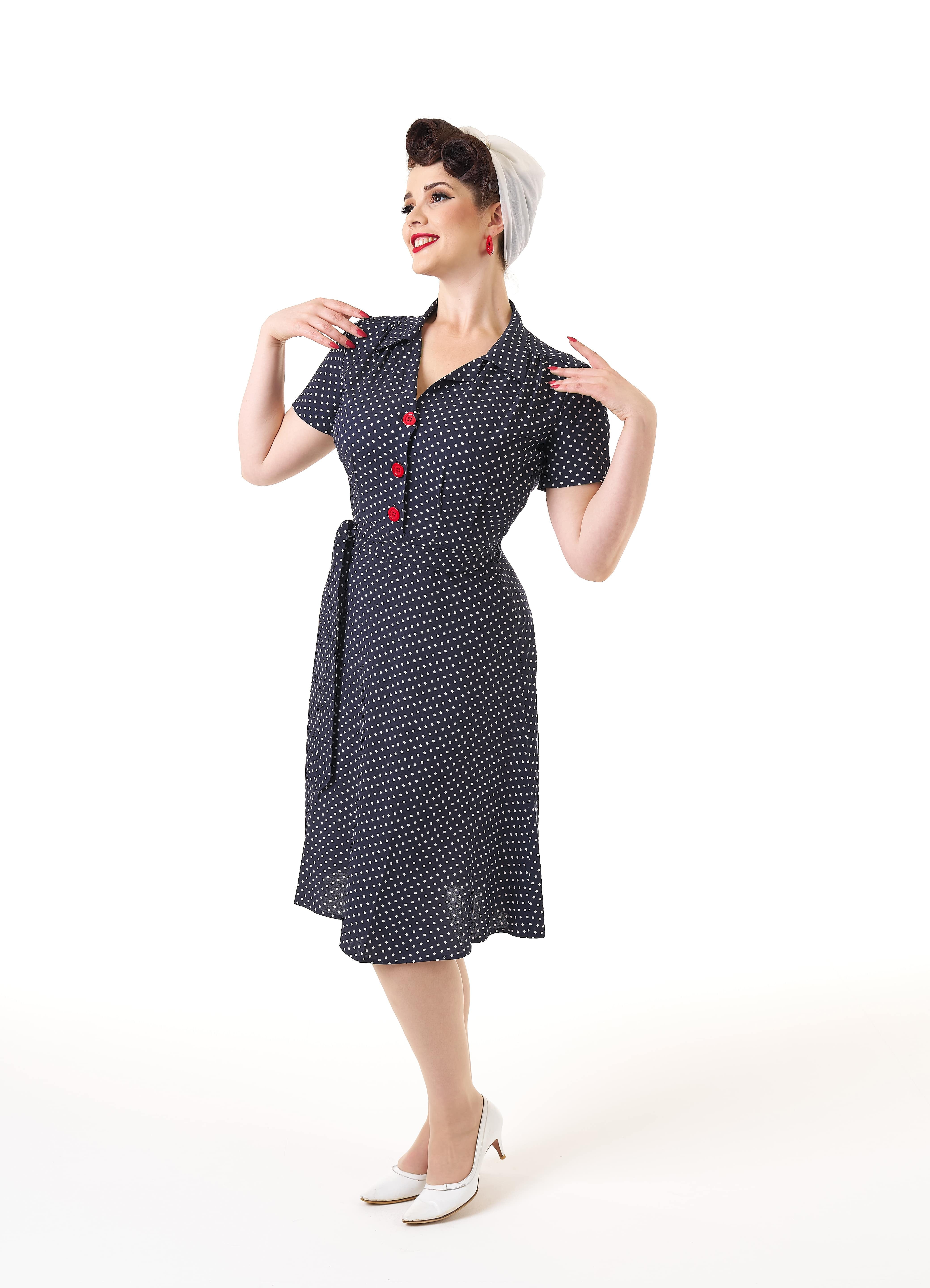 1940s Shirt Dress - Navy Polka