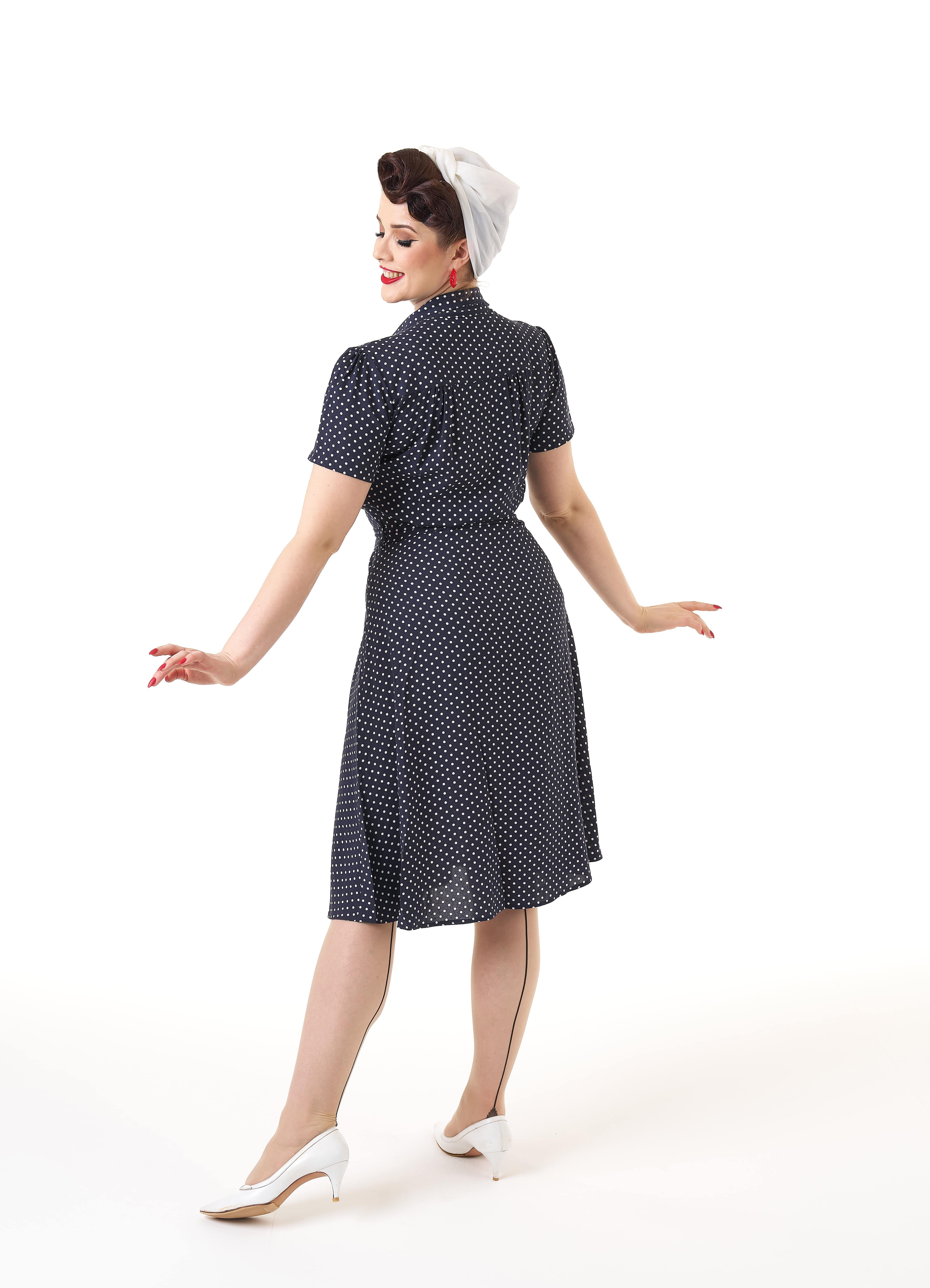 1940s Shirt Dress - Navy Polka