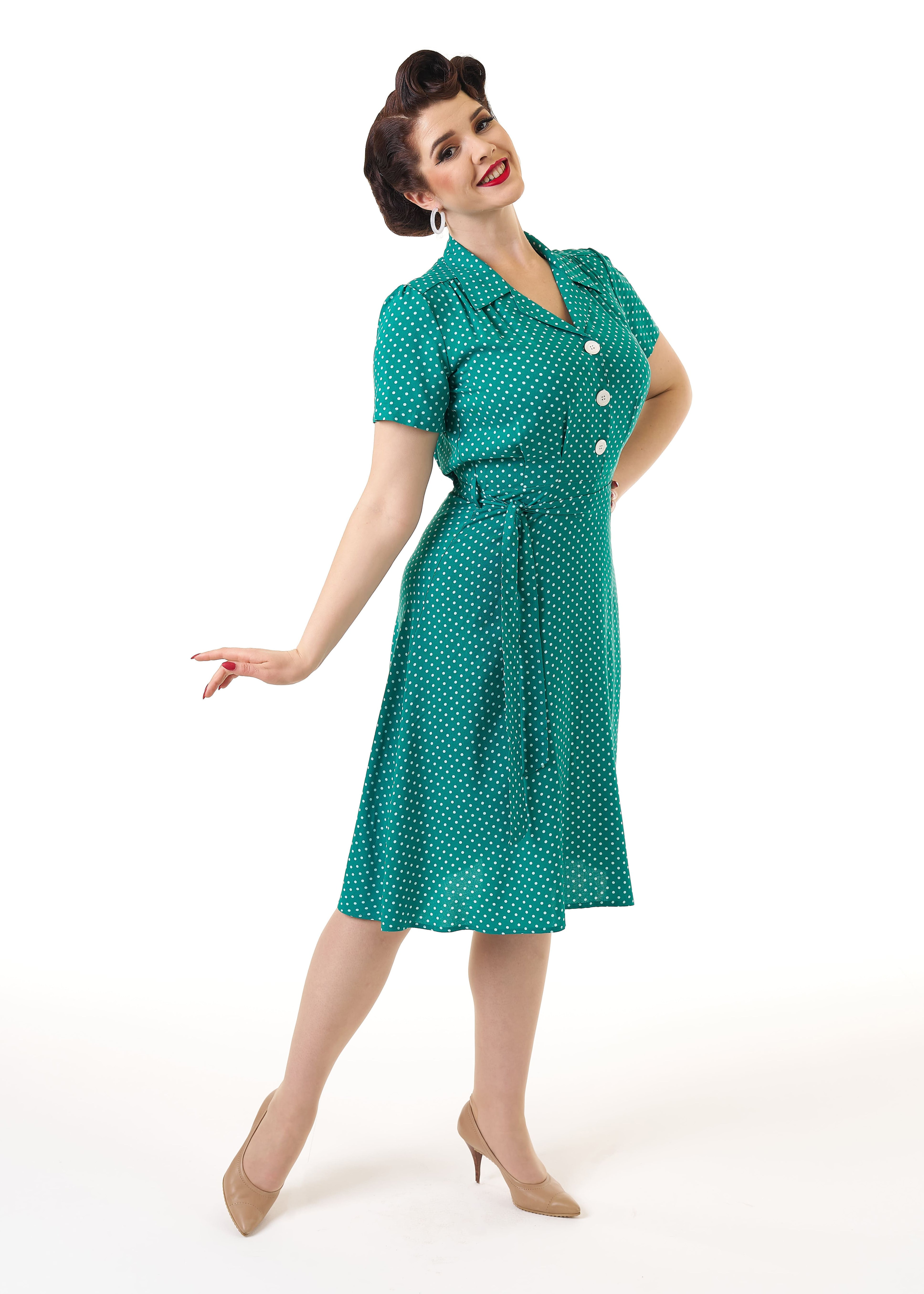1940s Shirt Dress - Green Polka