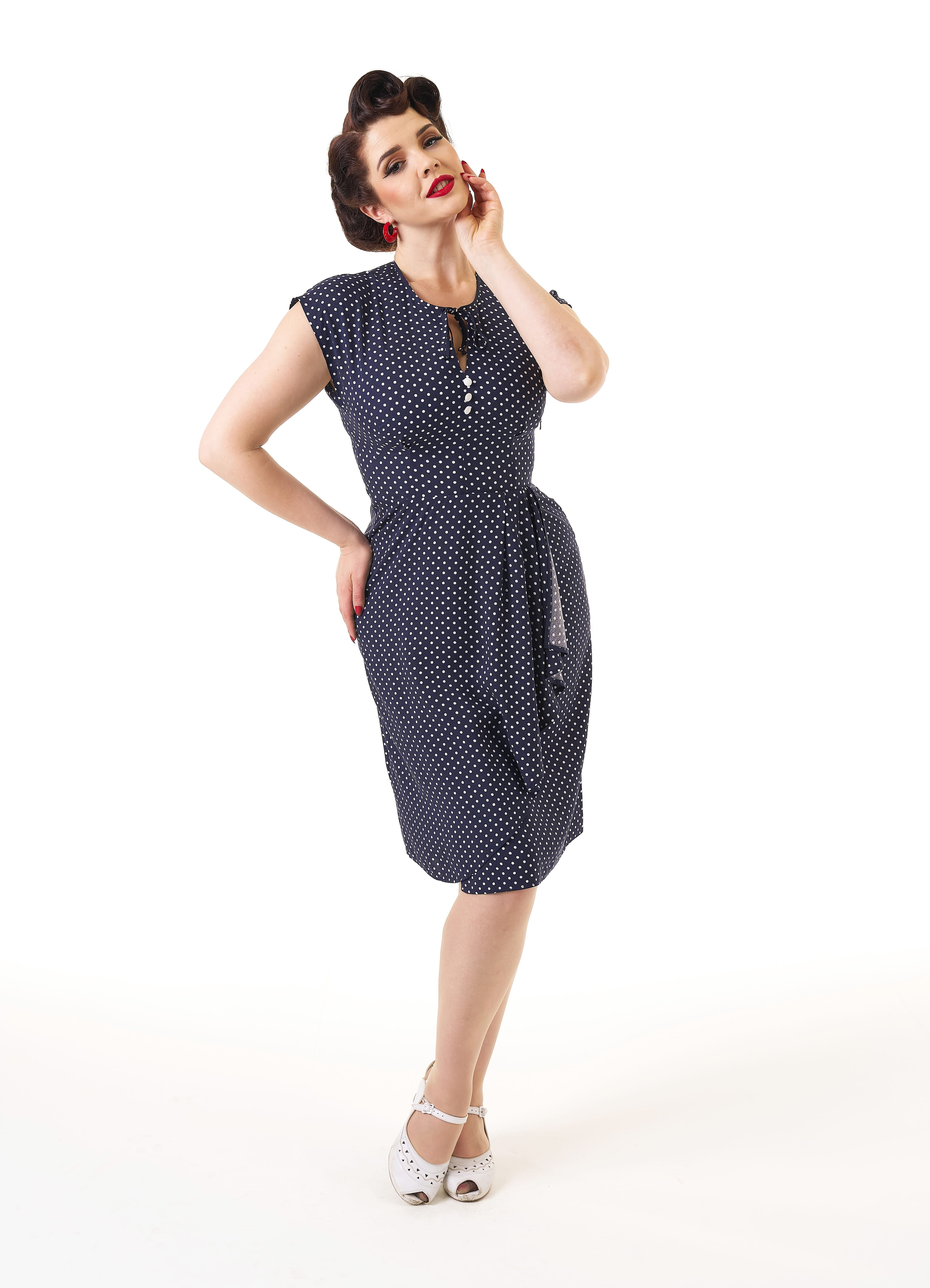 1940s Veronica Tea Dress - Navy Polka
