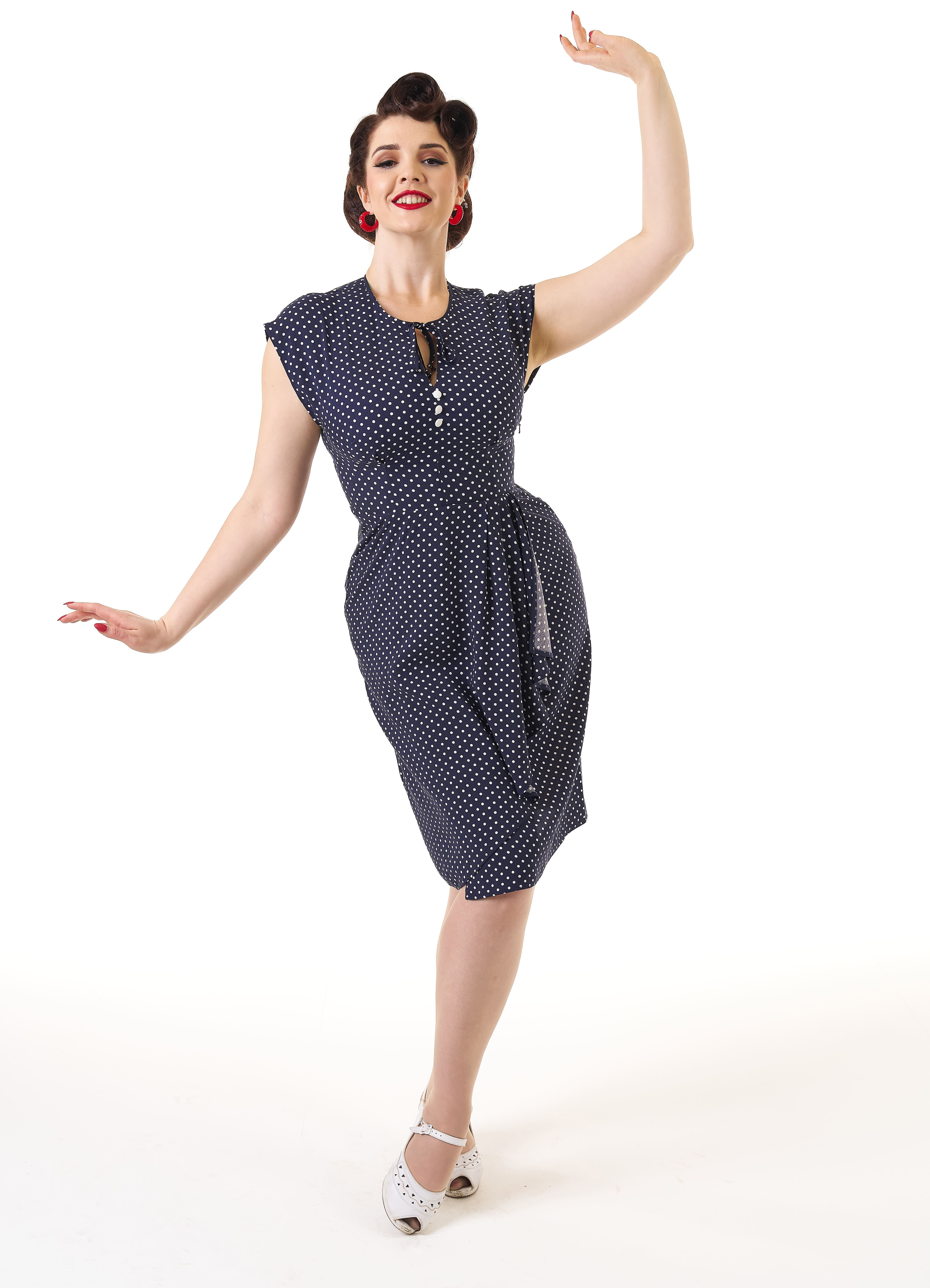1940s Veronica Tea Dress - Navy Polka