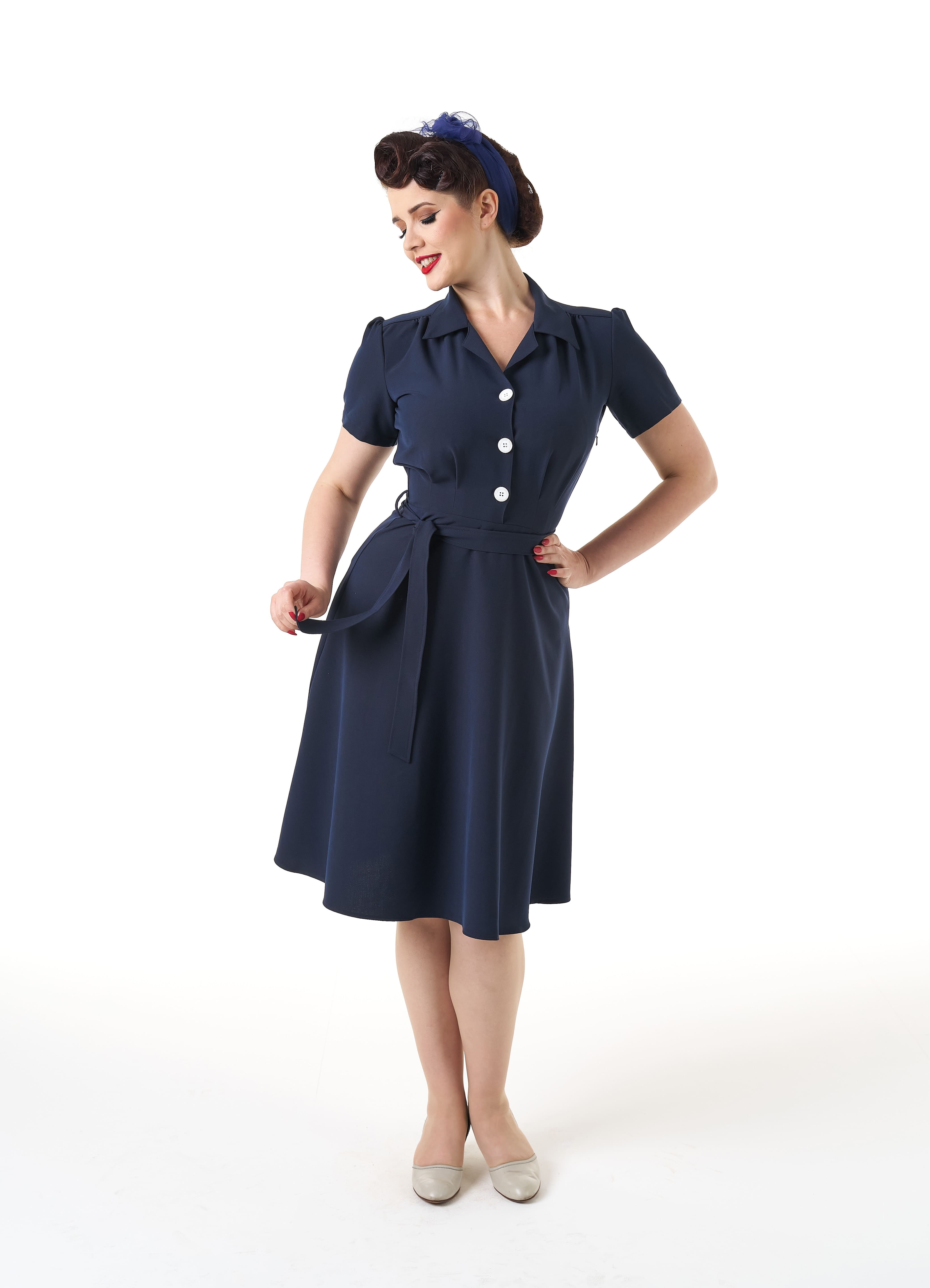 1940s Shirt Dress - Navy