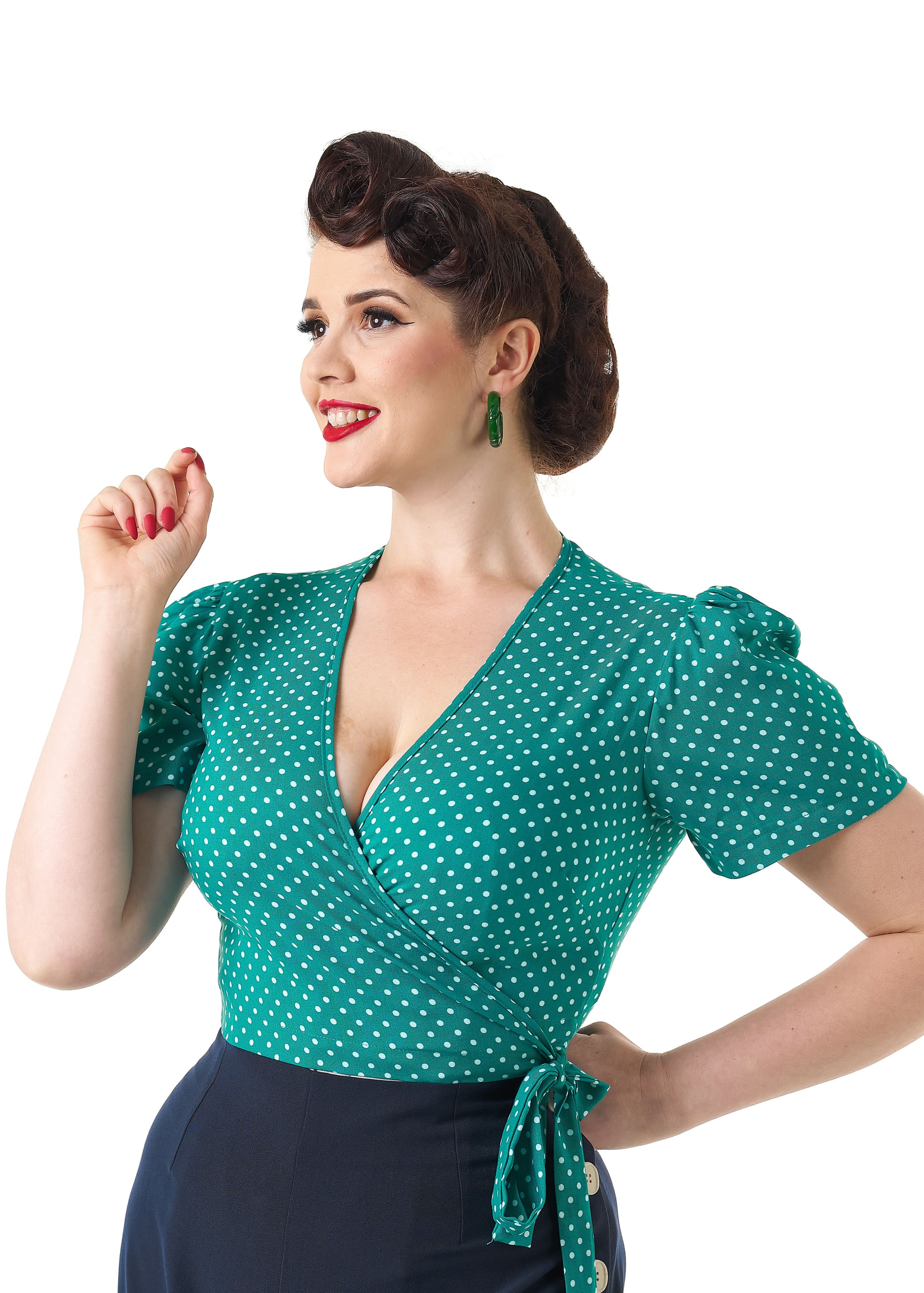 1940s Pinup Wrap Top - Green Polka
