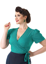1940s Pinup Wrap Top - Green Polka