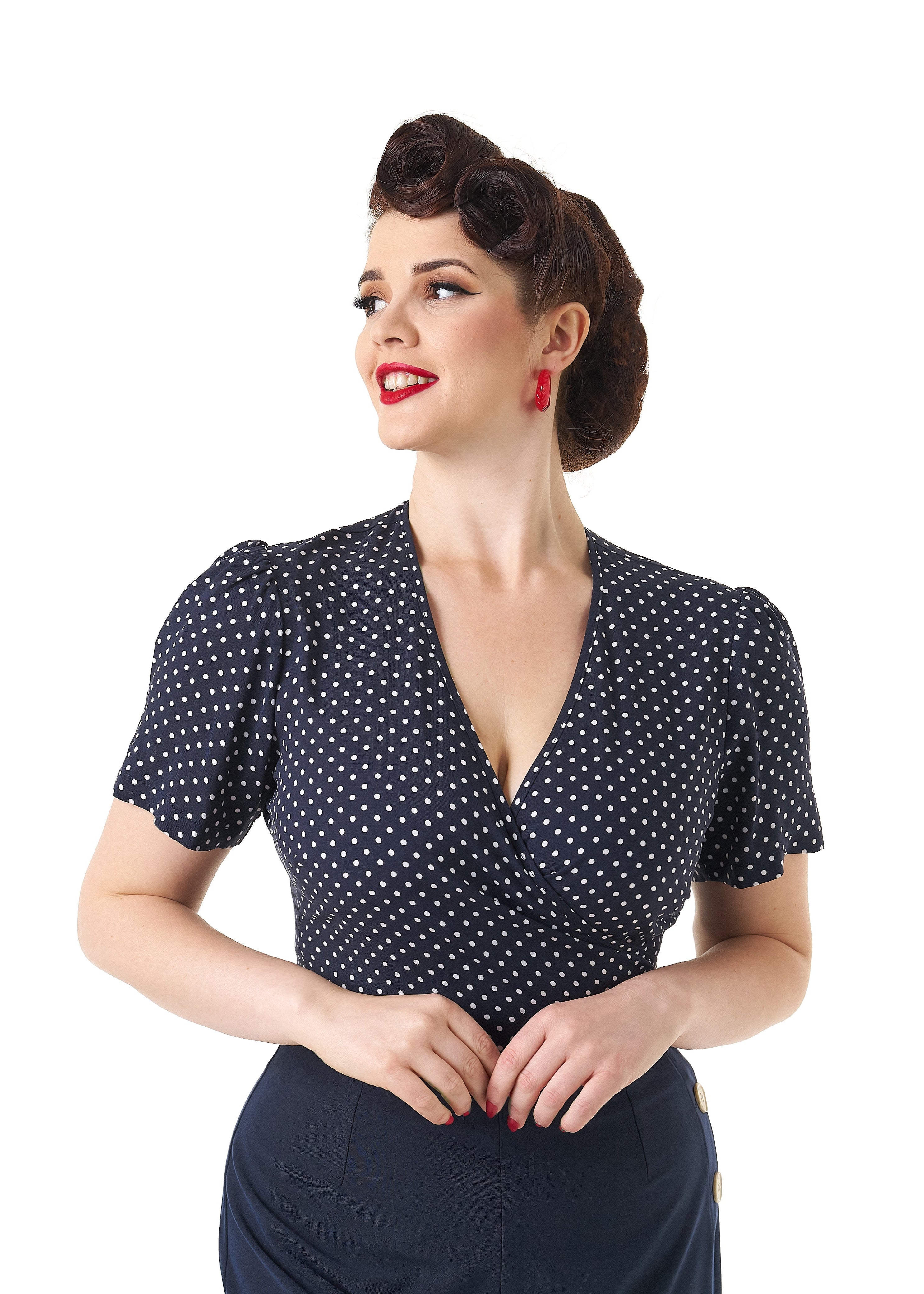 1940s Pinup Wrap Top - Navy Polka