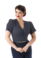 1940s Pinup Wrap Top - Navy Polka