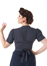 1940s Pinup Wrap Top - Navy Polka