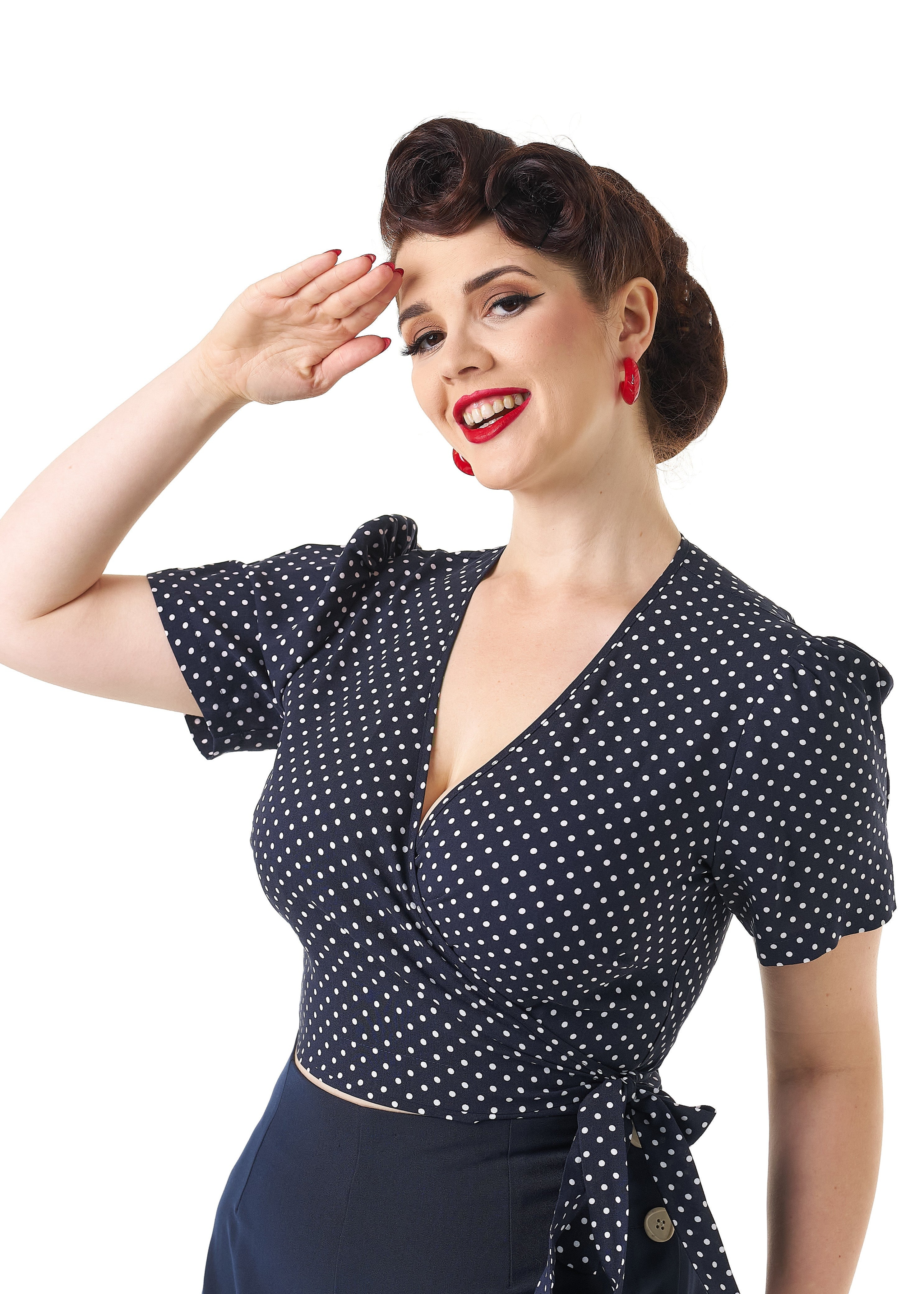 1940s Pinup Wrap Top - Navy Polka