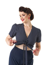 1940s Pinup Wrap Top - Navy Polka