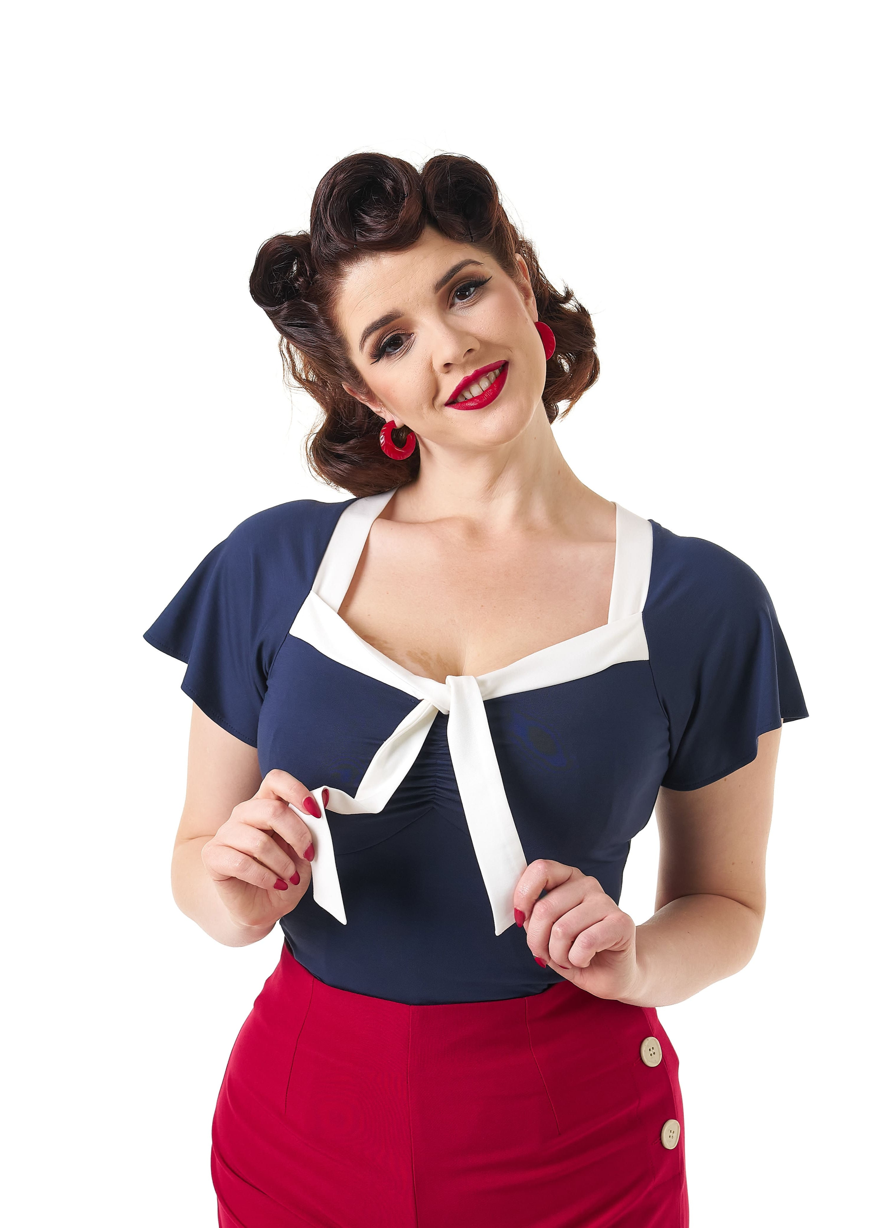 1940s Tie Top - Navy and Ivory