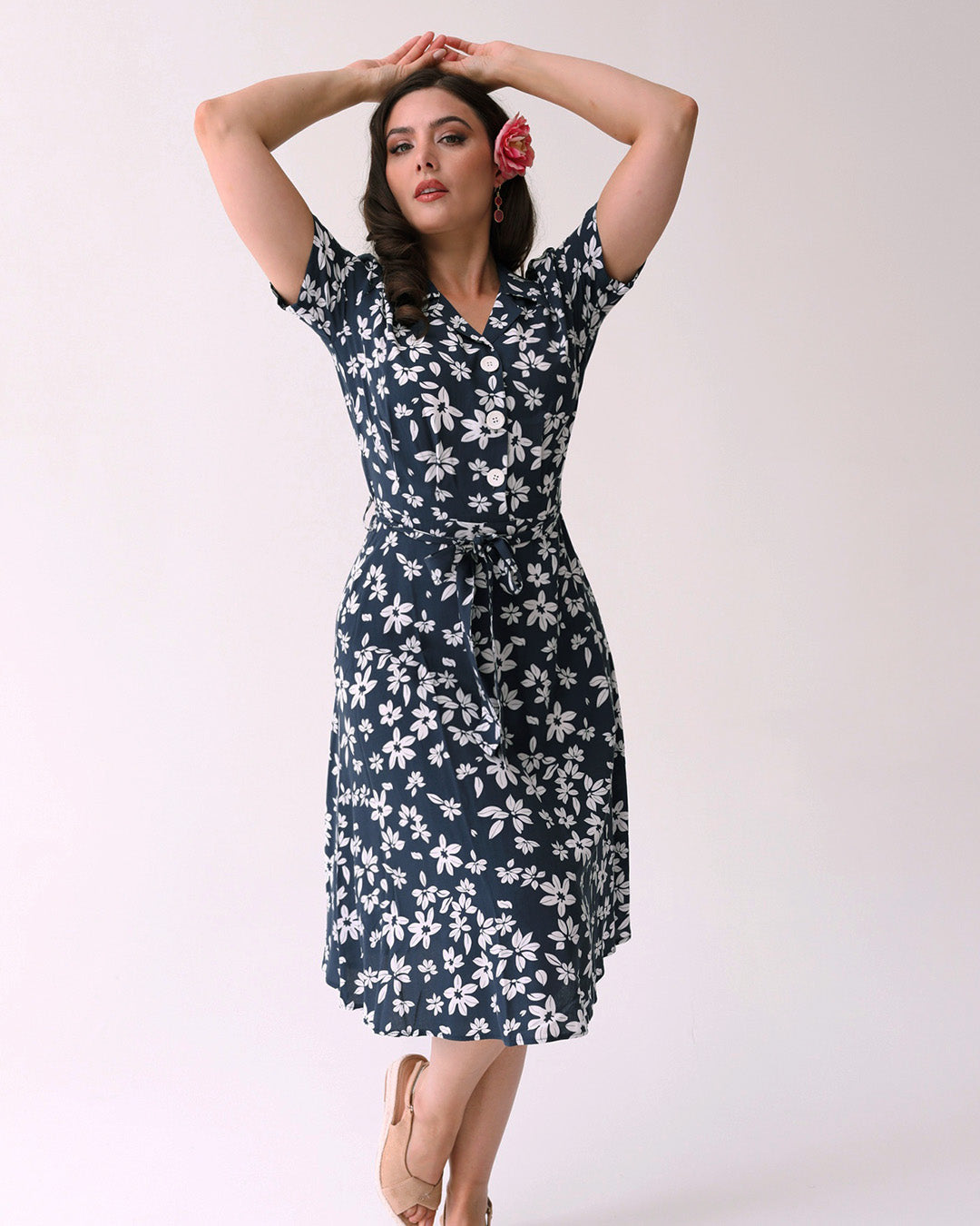 1940s Shirt Dress - Navy Tiki