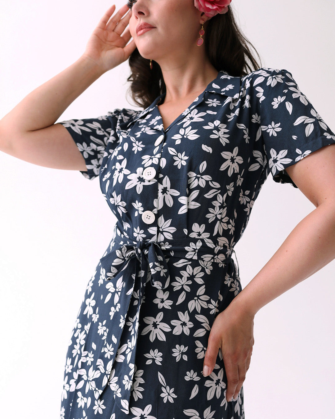 1940s Shirt Dress - Navy Tiki