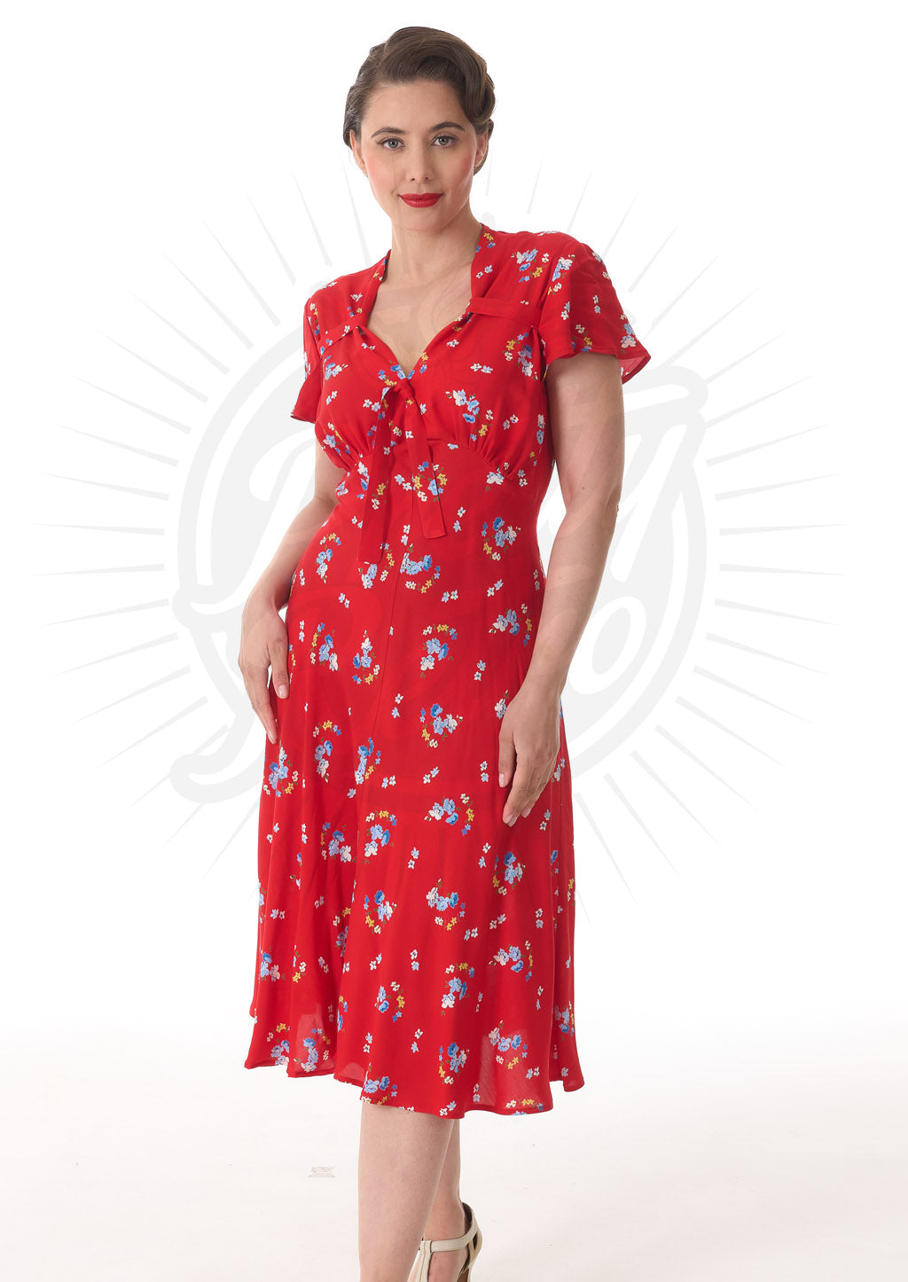 Pretty 40s Tea Dress - Red Floral