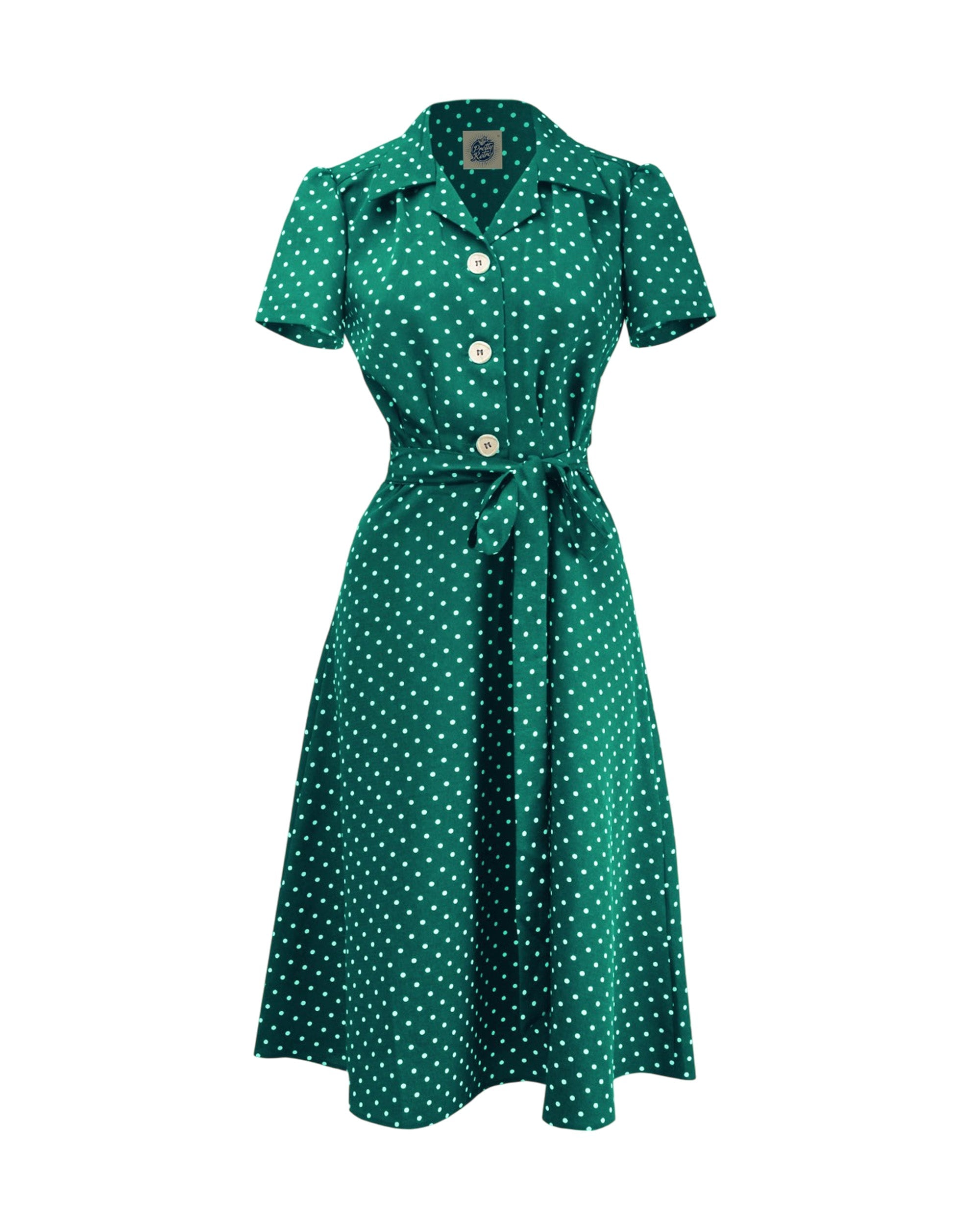 Pretty 40s Shirt Dress - Emerald Polka