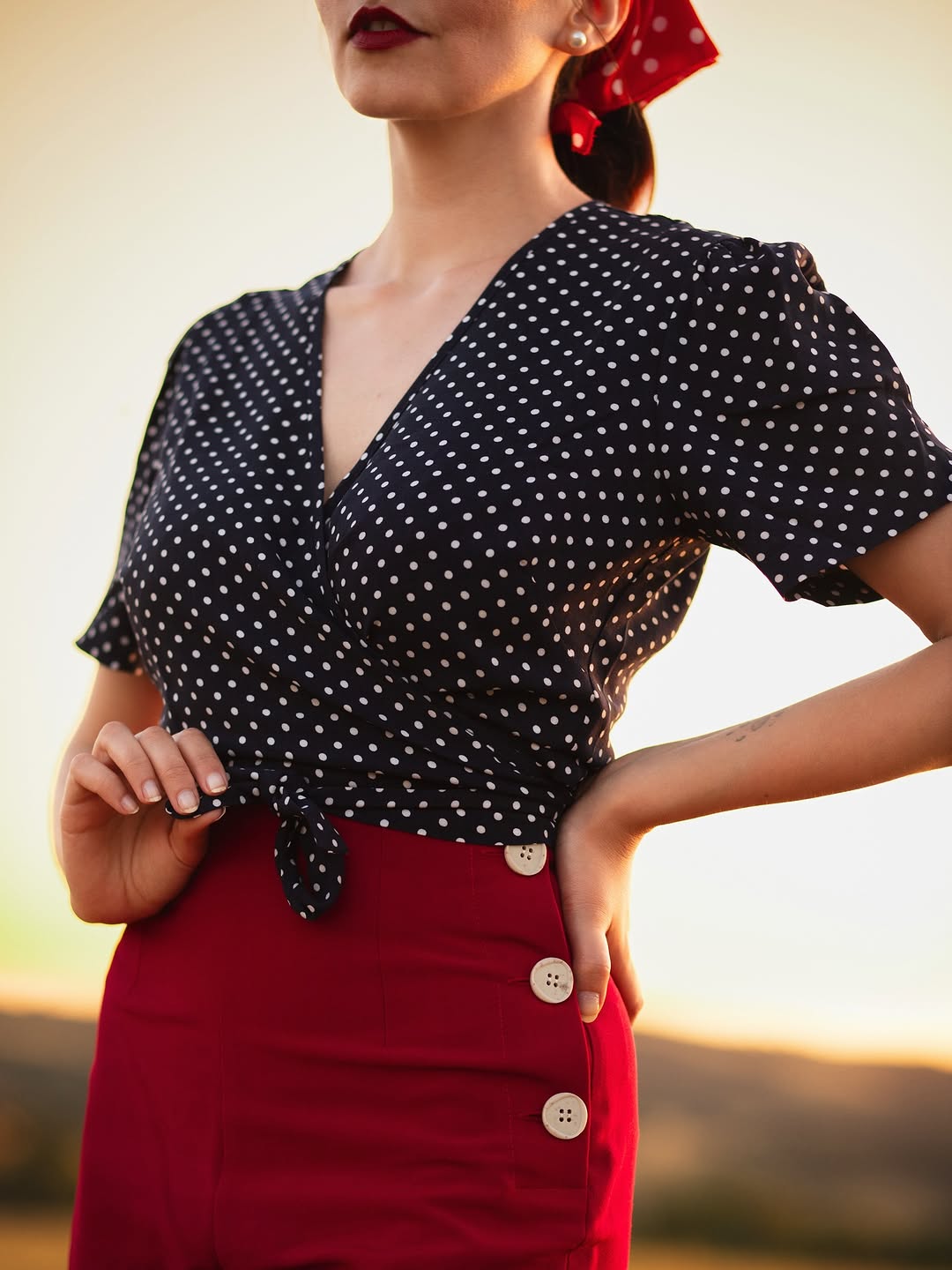 1940s Pinup Wrap Top - Navy Polka