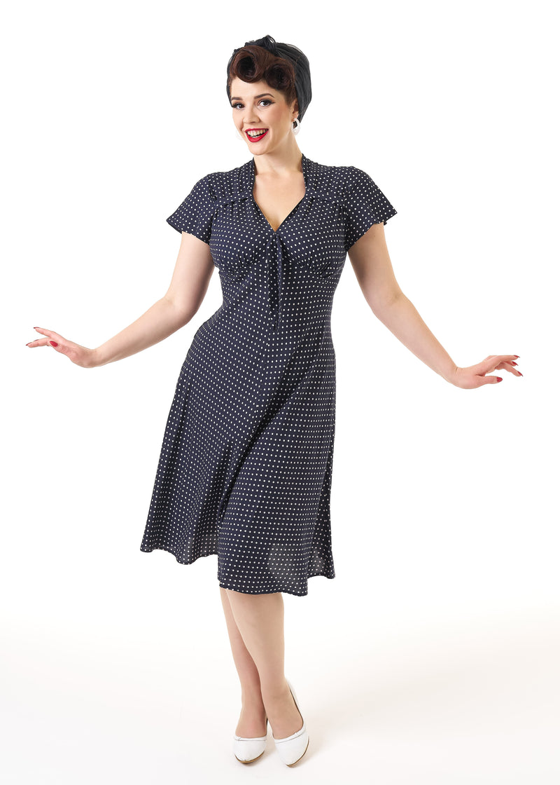 1940s Tea Dress - Navy Polka