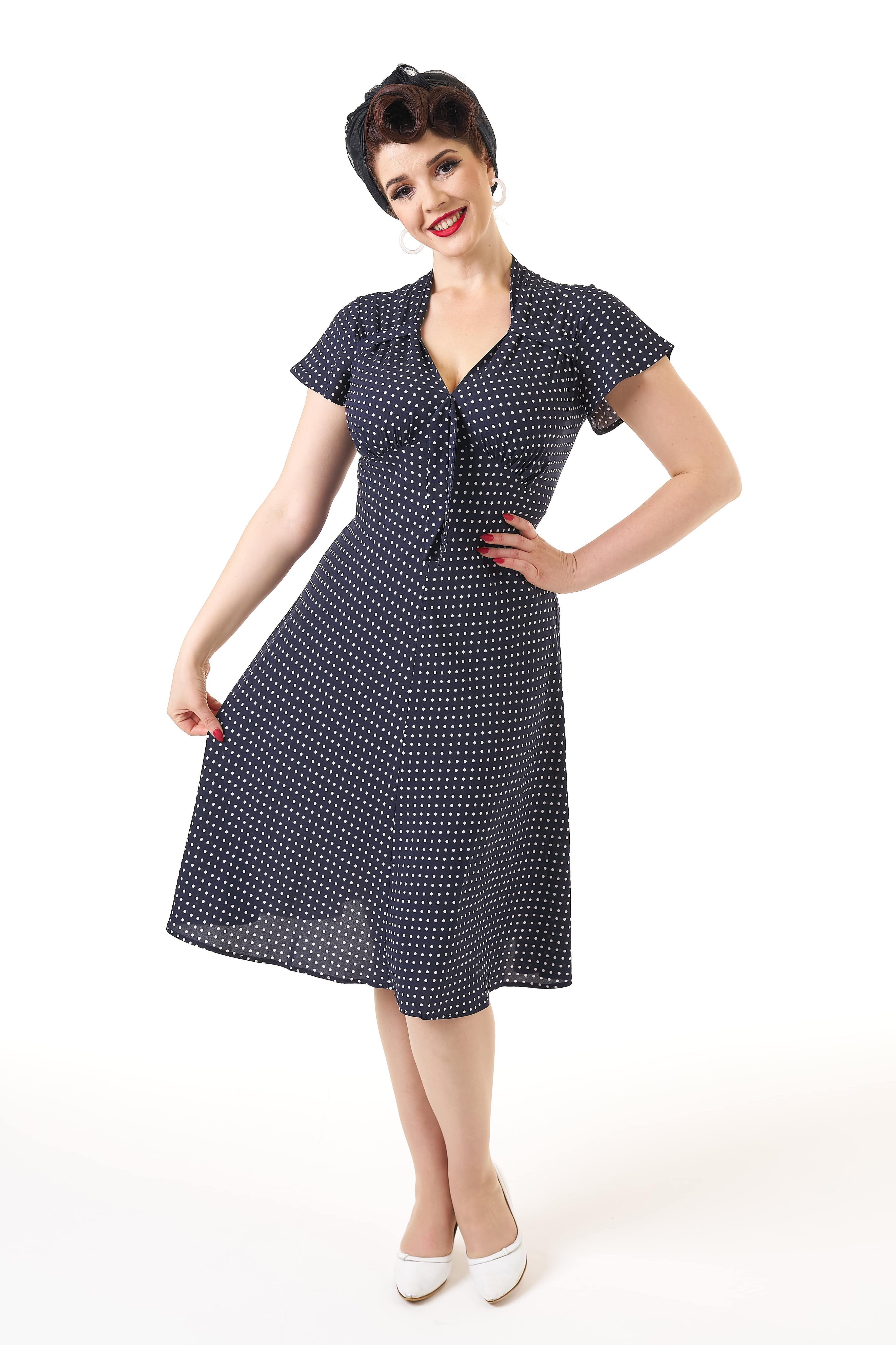 1940s Tea Dress - Navy Polka