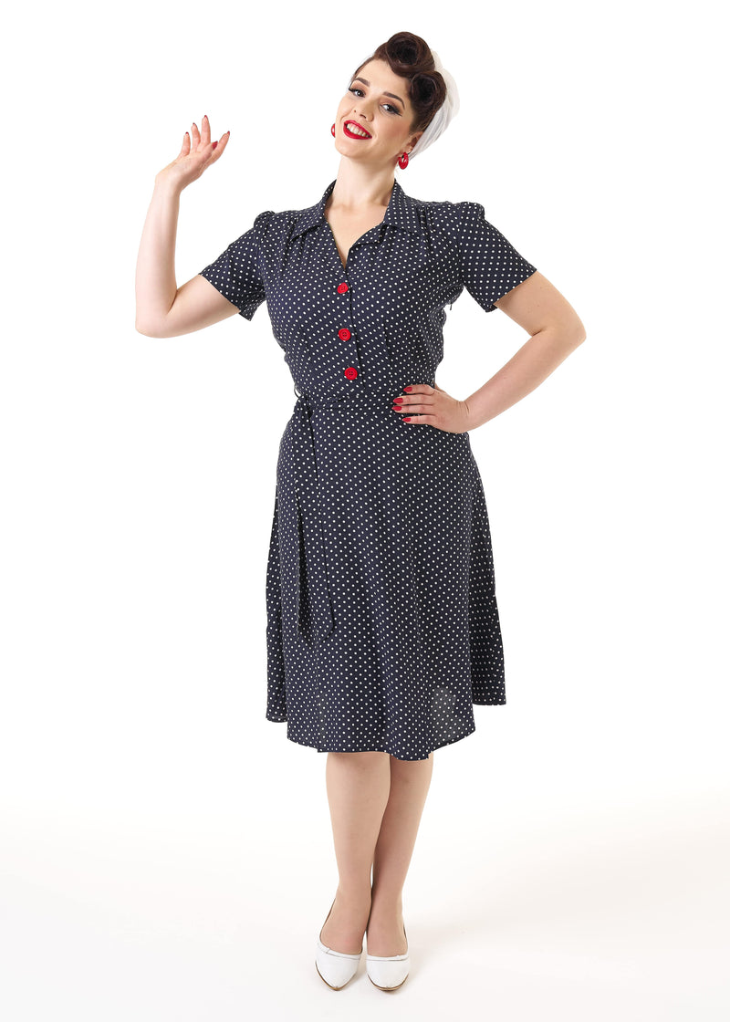 1940s Shirt Dress - Navy Polka