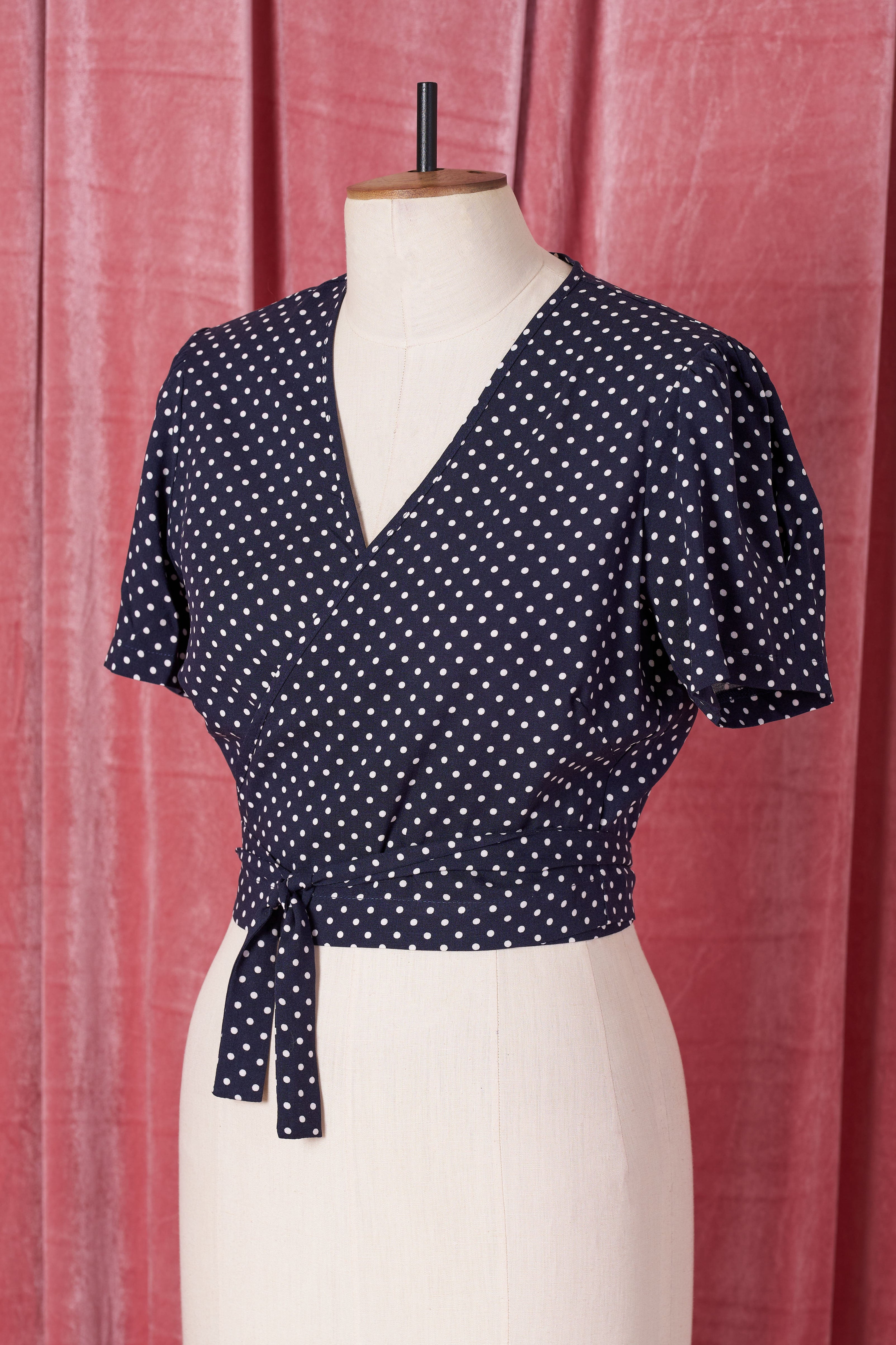 1940s Pinup Wrap Top - Navy Polka