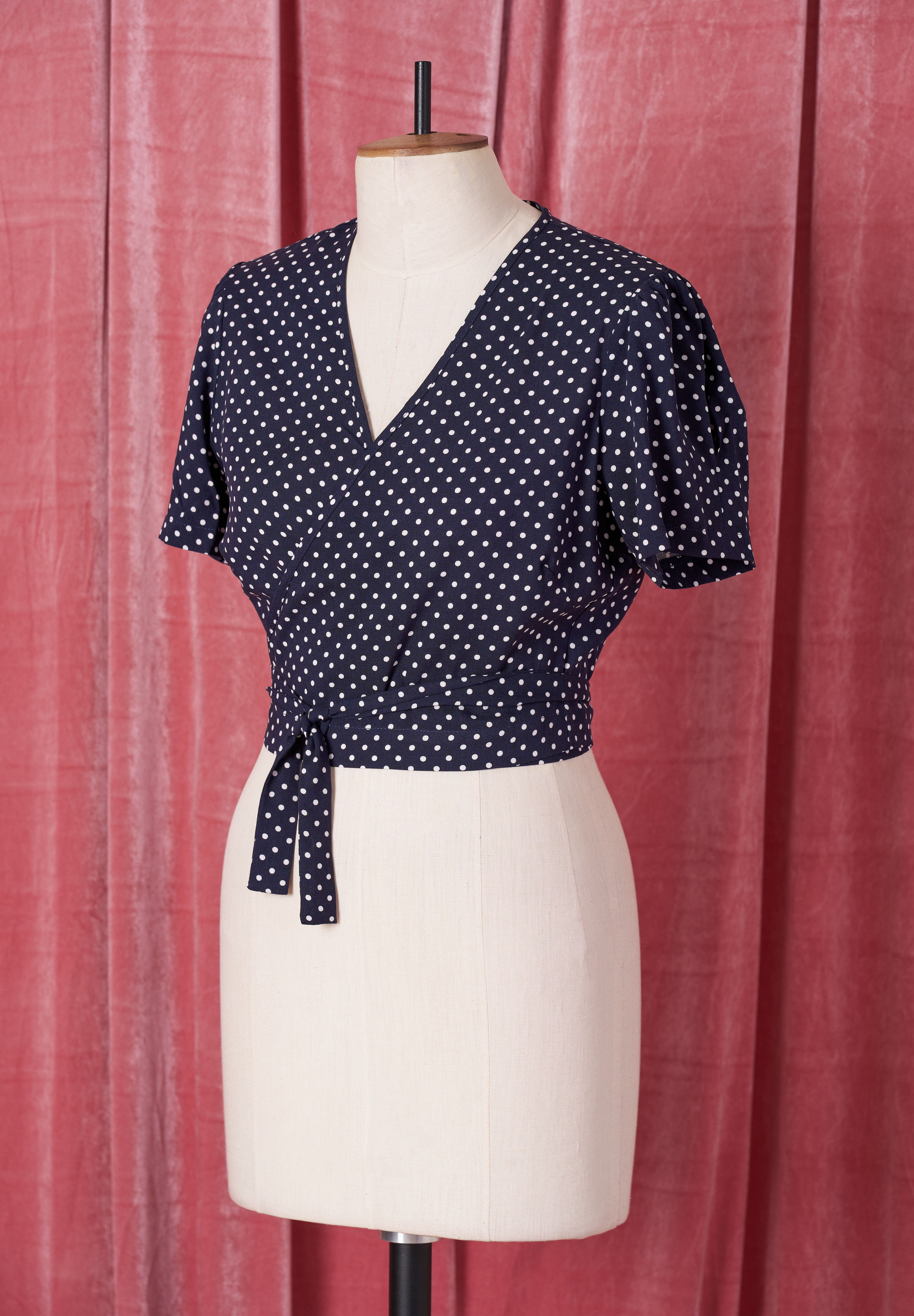 1940s Pinup Wrap Top - Navy Polka