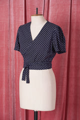 1940s Pinup Wrap Top - Navy Polka