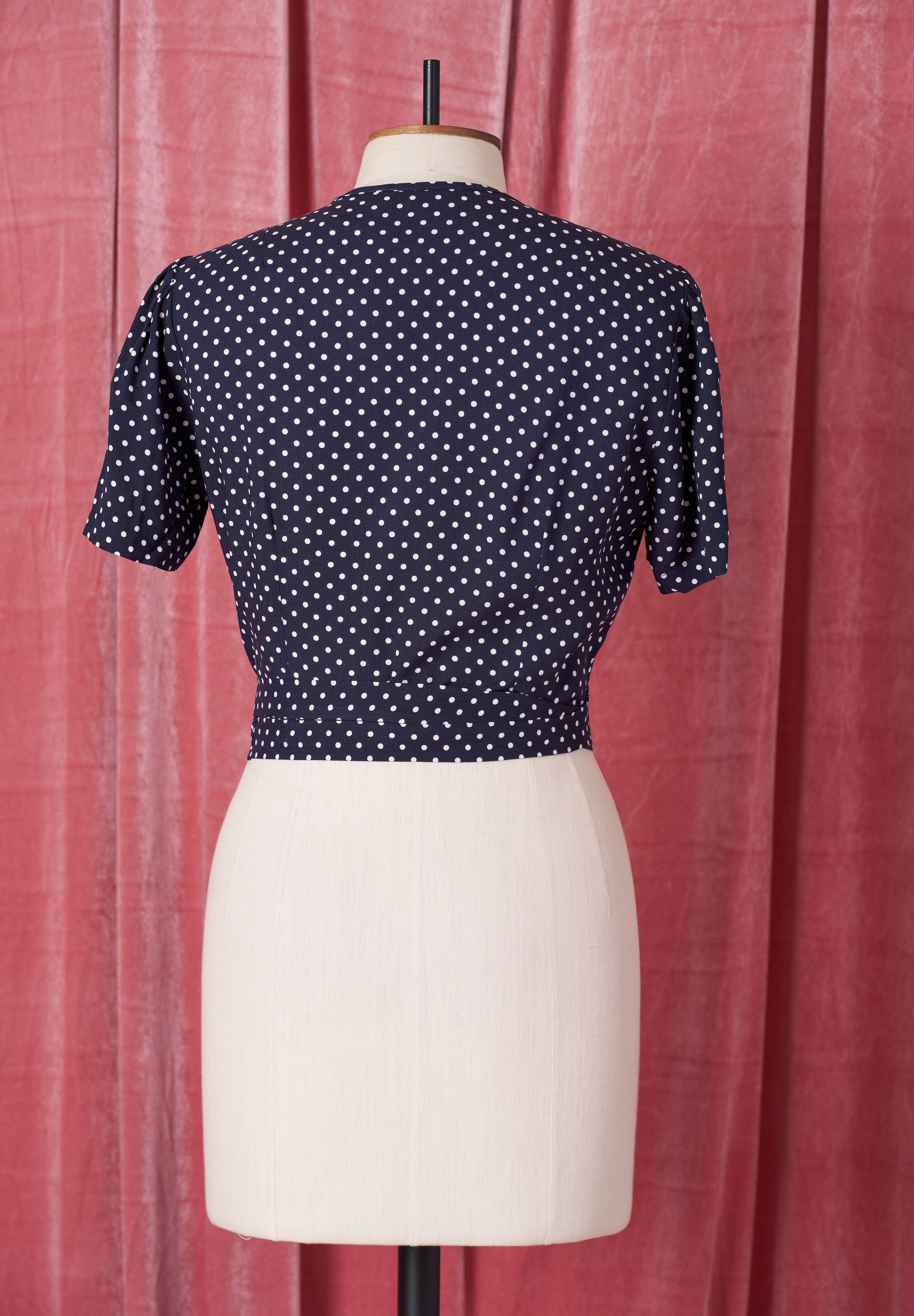 1940s Pinup Wrap Top - Navy Polka