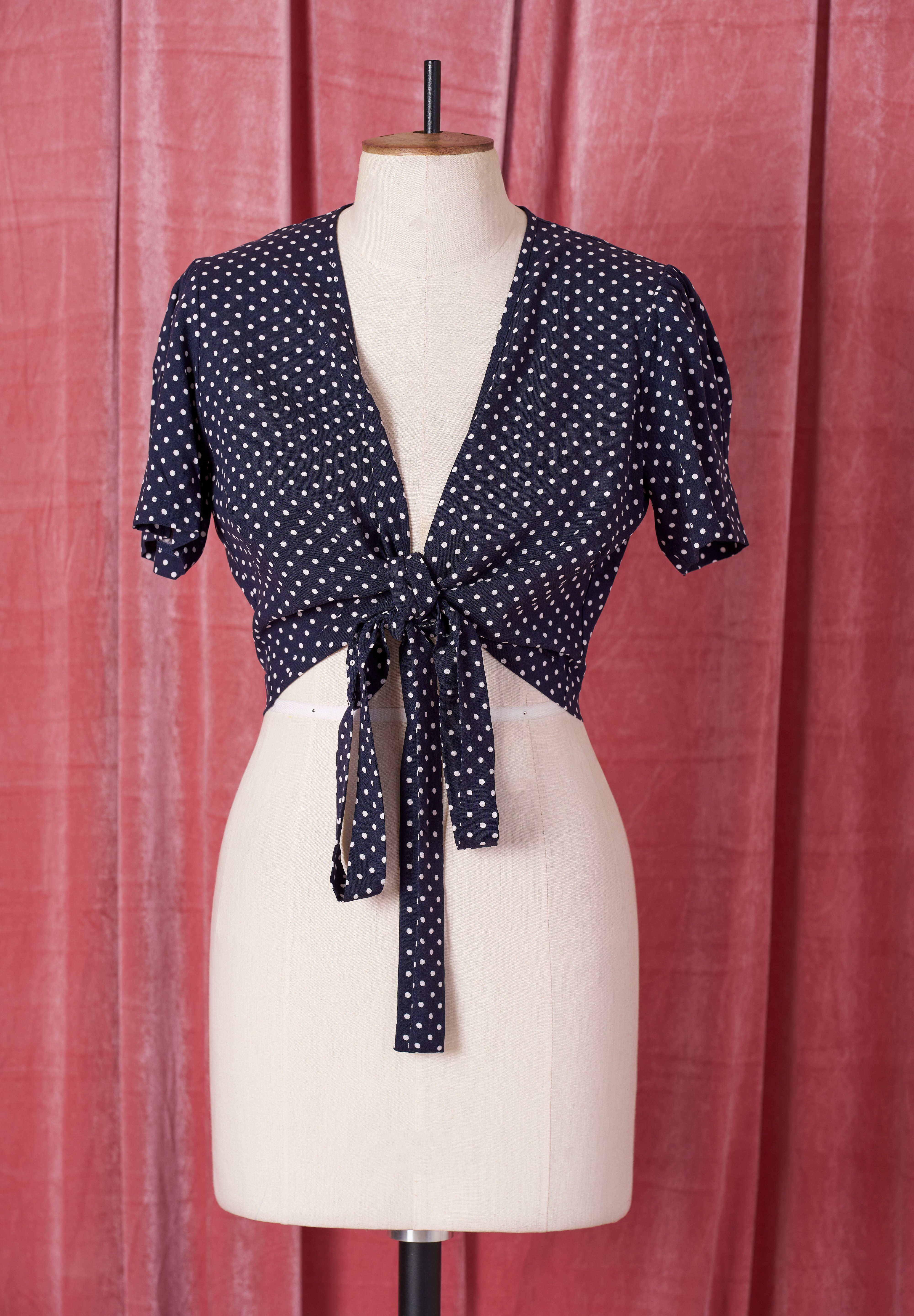 1940s Pinup Wrap Top - Navy Polka