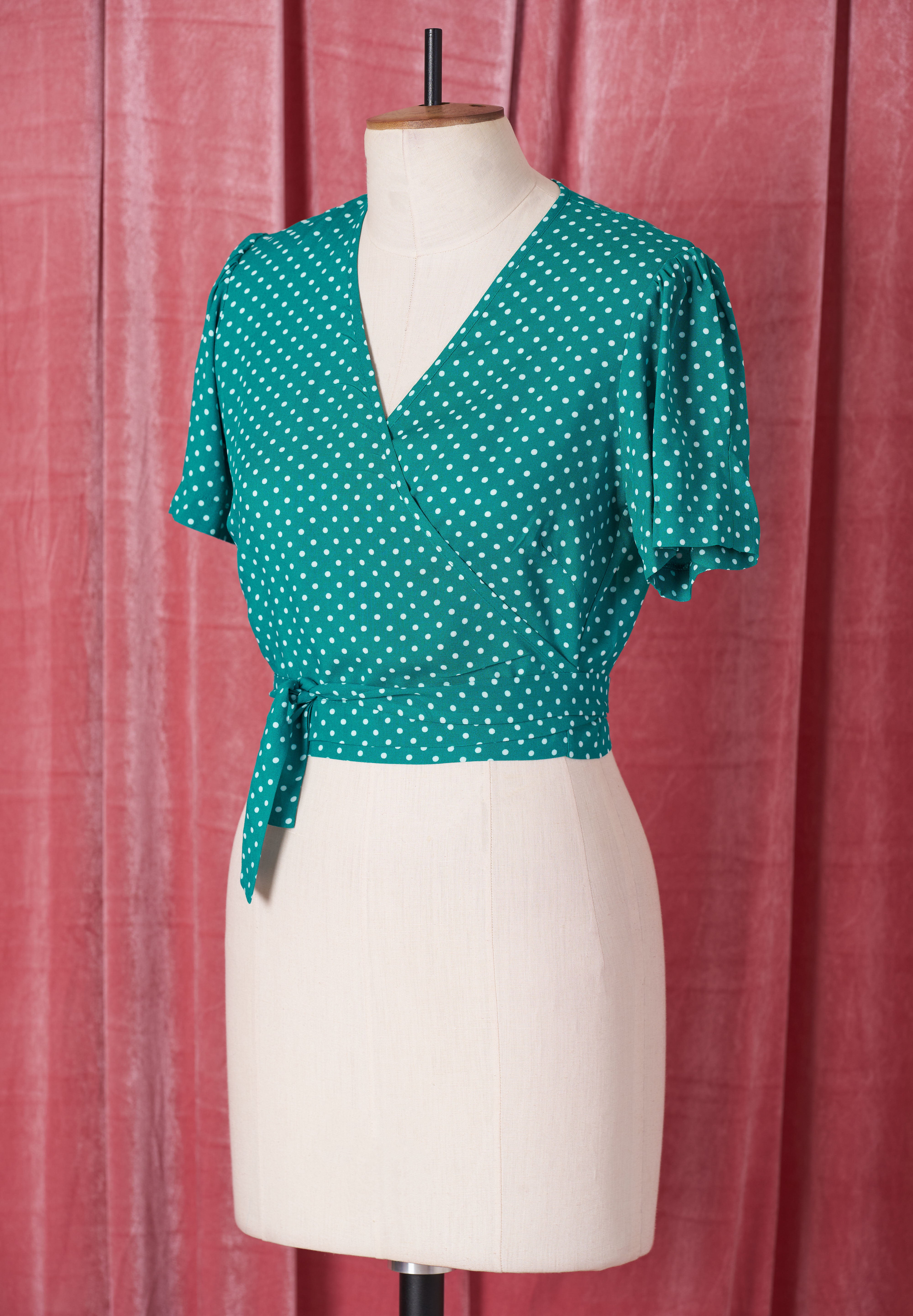1940s Pinup Wrap Top - Emerald Polka
