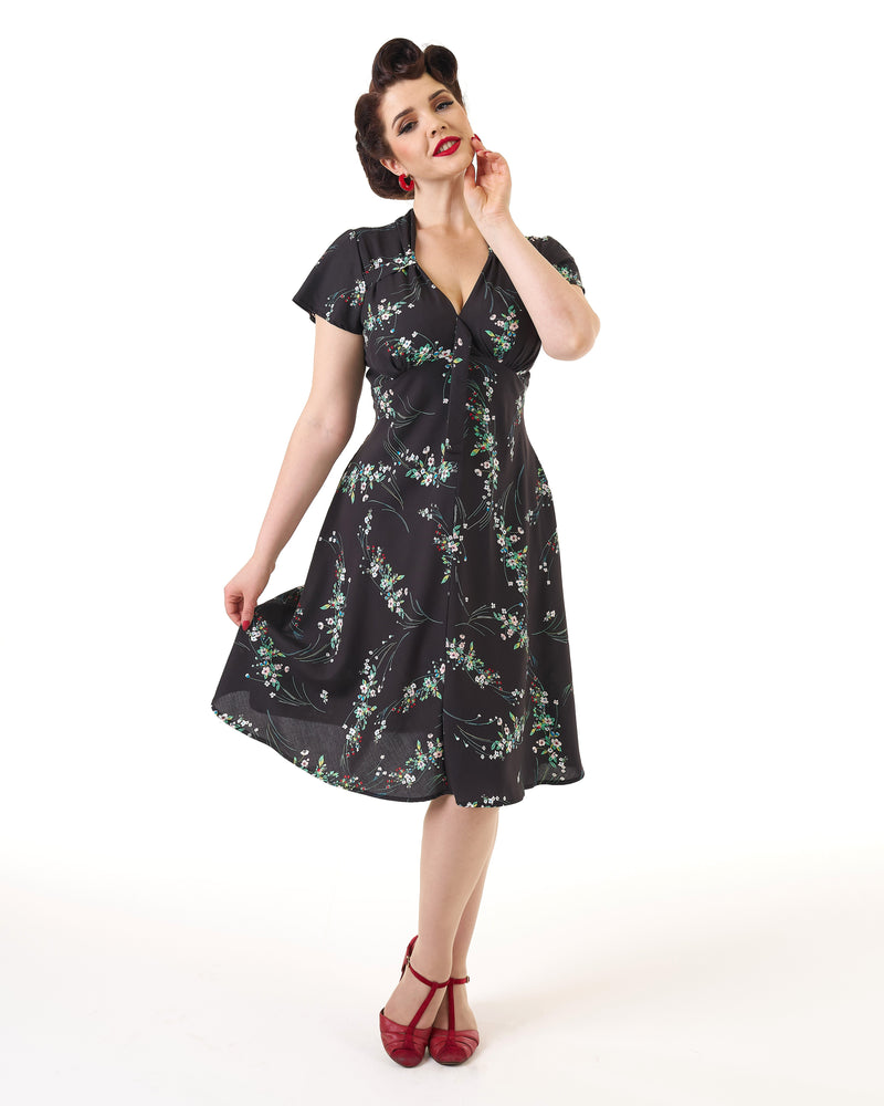 1940s Tea Dress - Black Floral