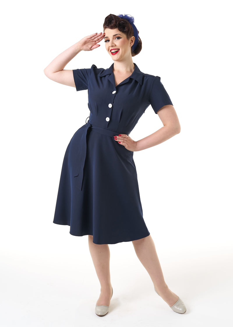 1940s Shirt Dress - Navy