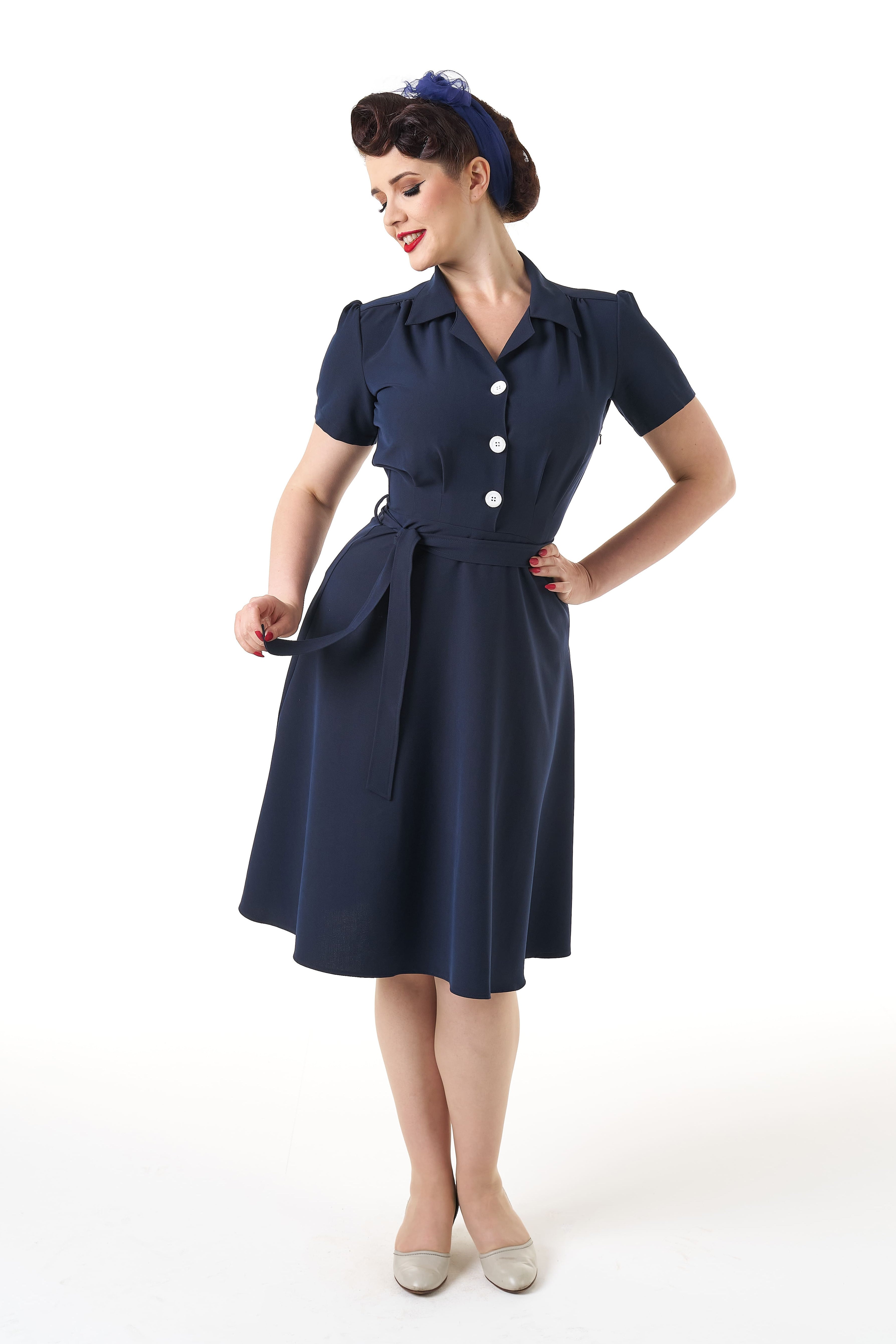 1940s Shirt Dress - Navy