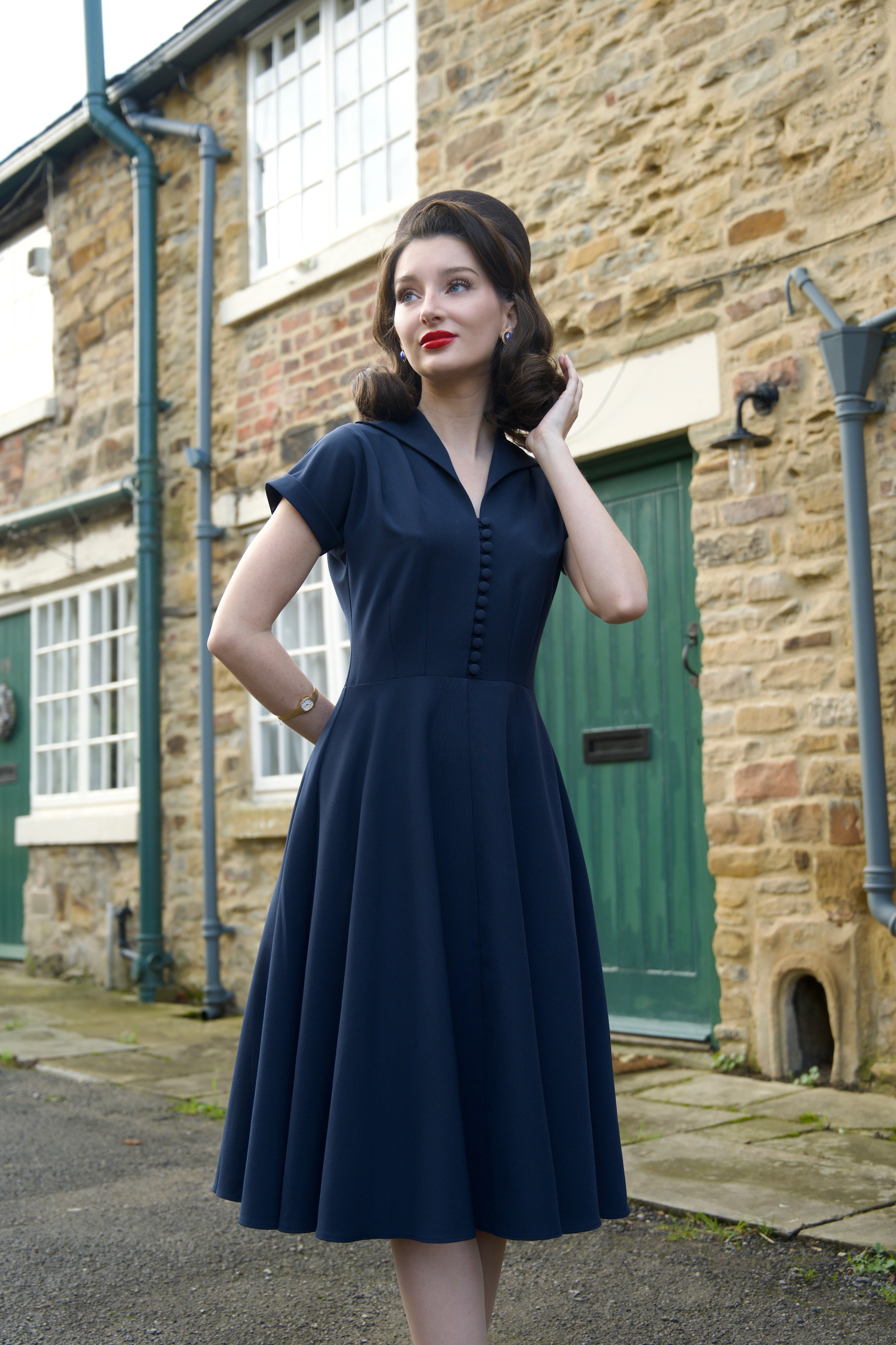 1940s Hostess Dress - Navy