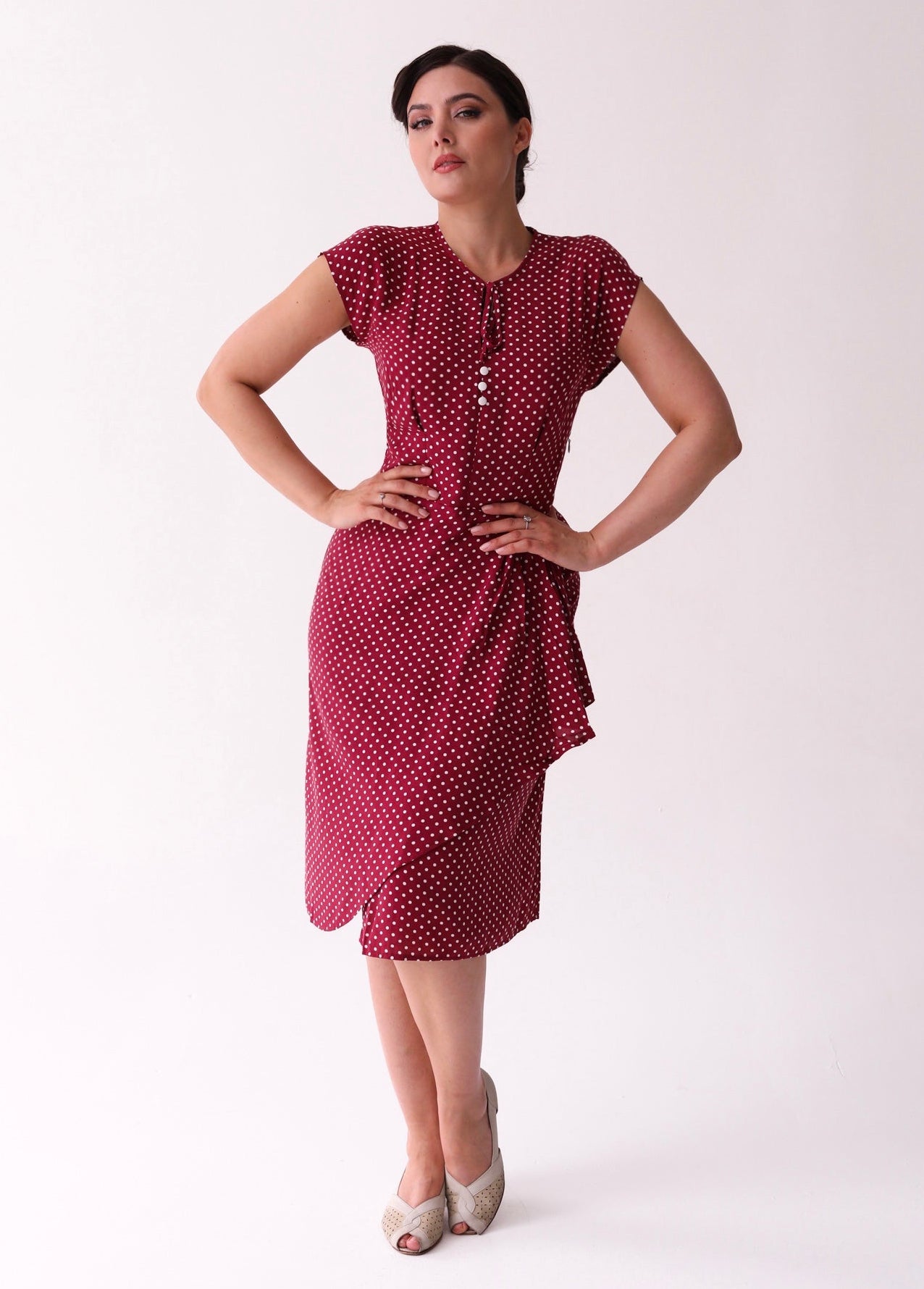 1940s Veronica Tea Dress - Wine Polka