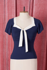 1940s Tie Top - Navy and Ivory