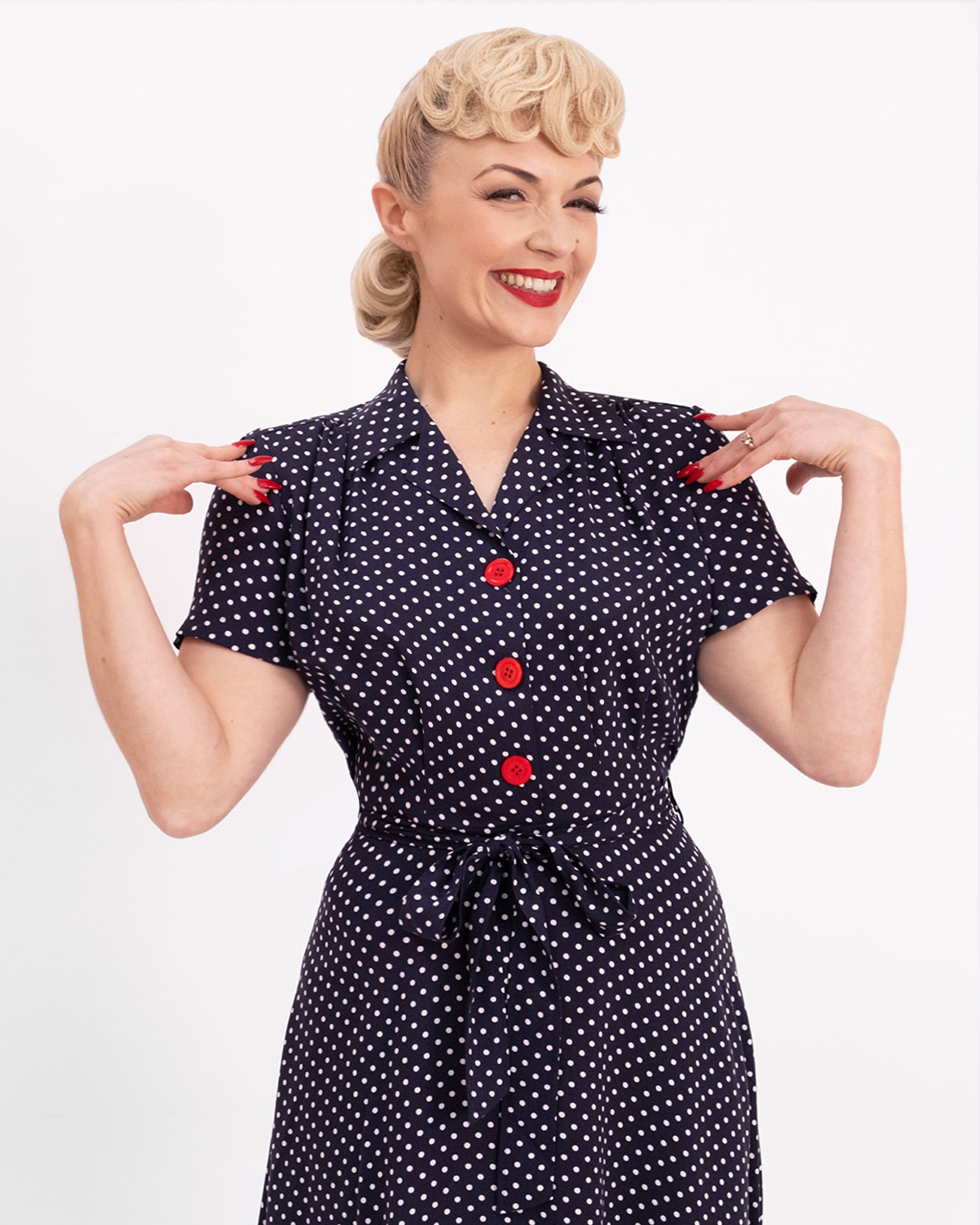 Pretty 40s Shirt Dress - Navy Polka