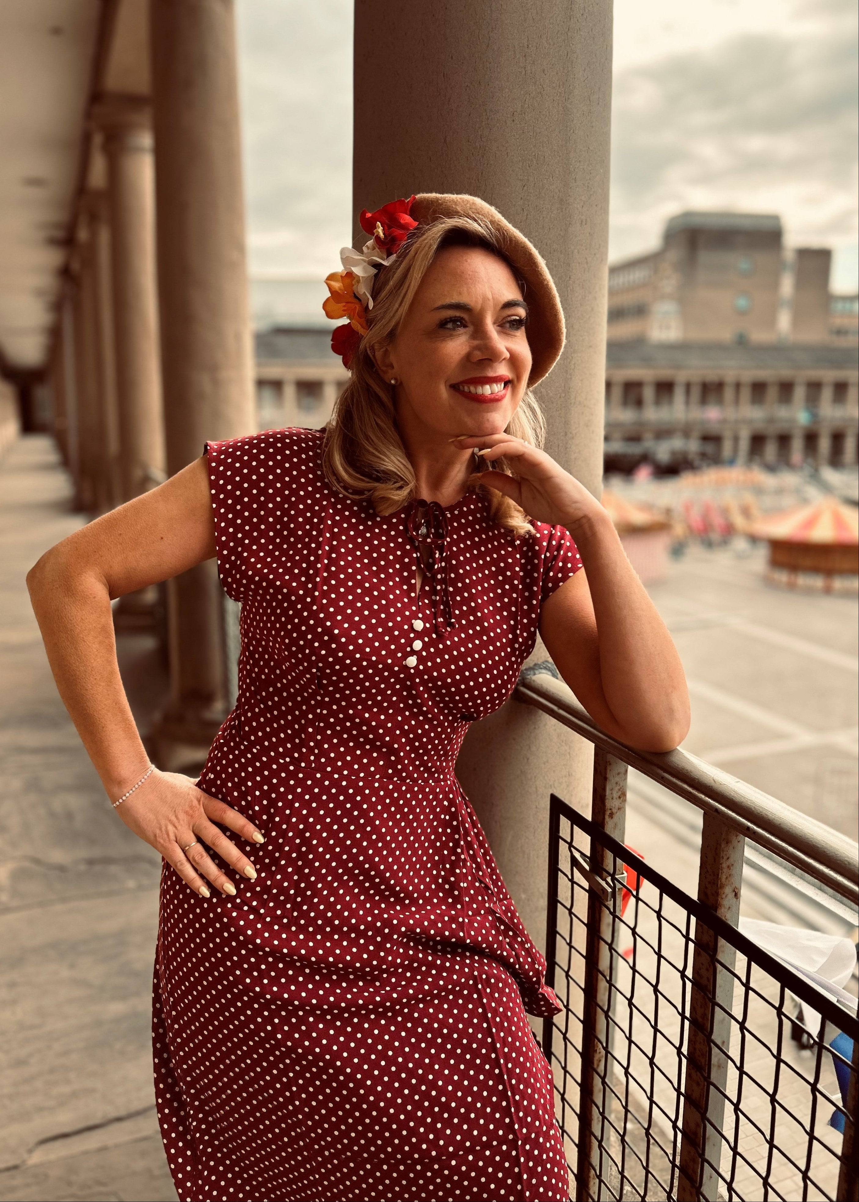 1940s Veronica Tea Dress - Wine Polka