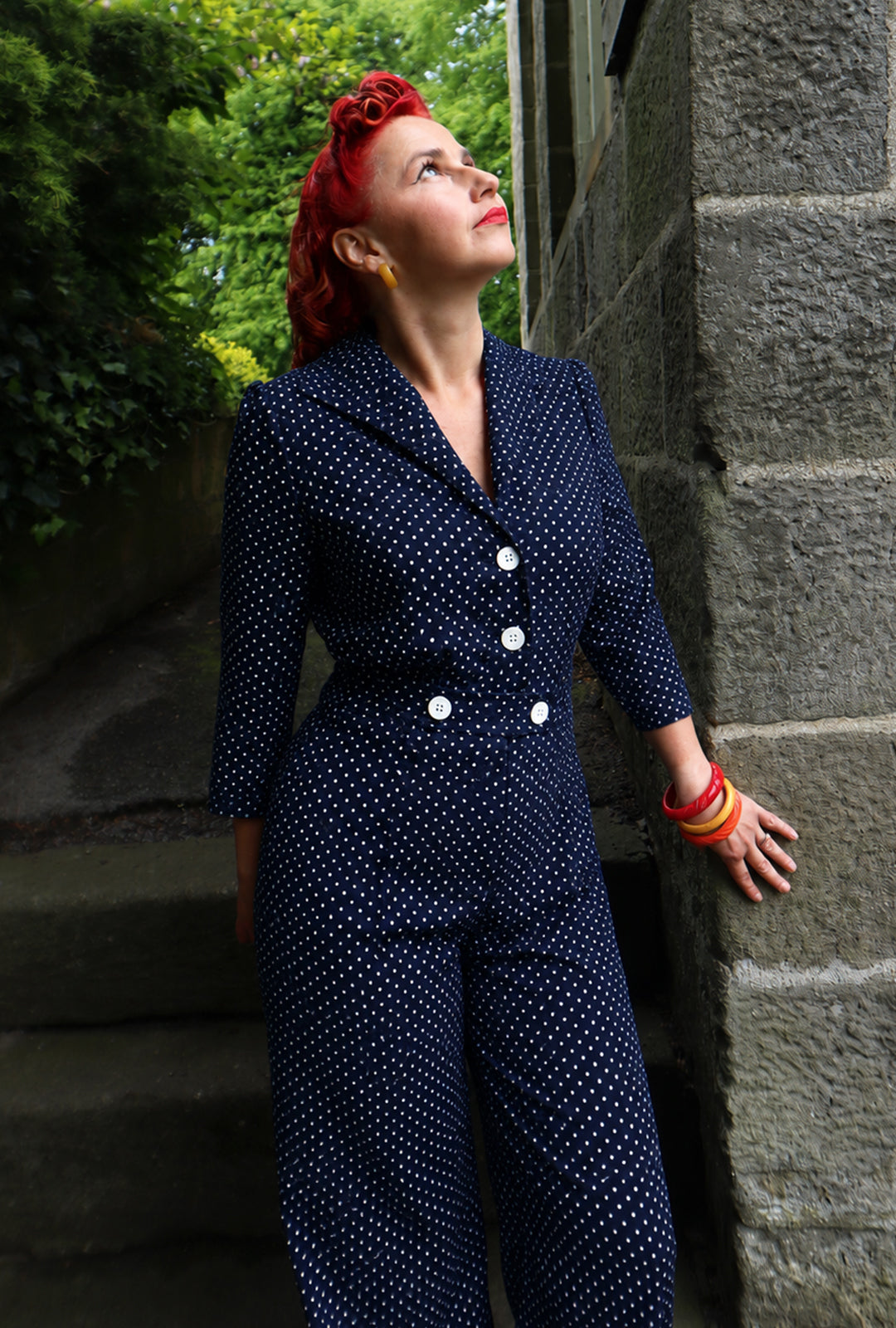 Pretty Retro Jumpsuit - Navy Polka