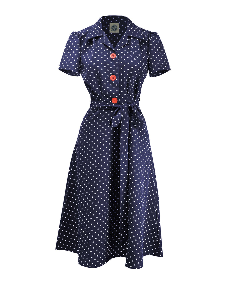 1940s Shirt Dress - Navy Polka