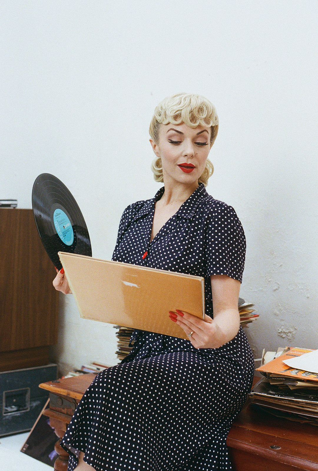 1940s Shirt Dress - Navy Polka