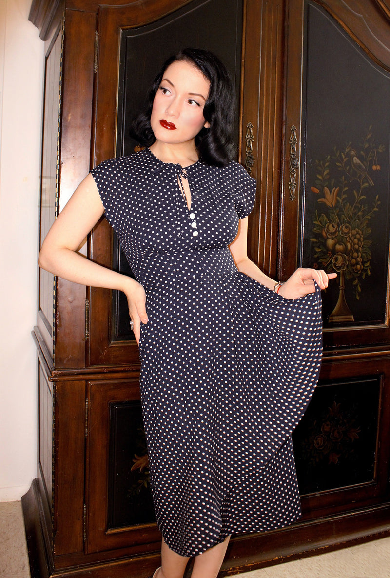 1940s Veronica Tea Dress - Navy Polka