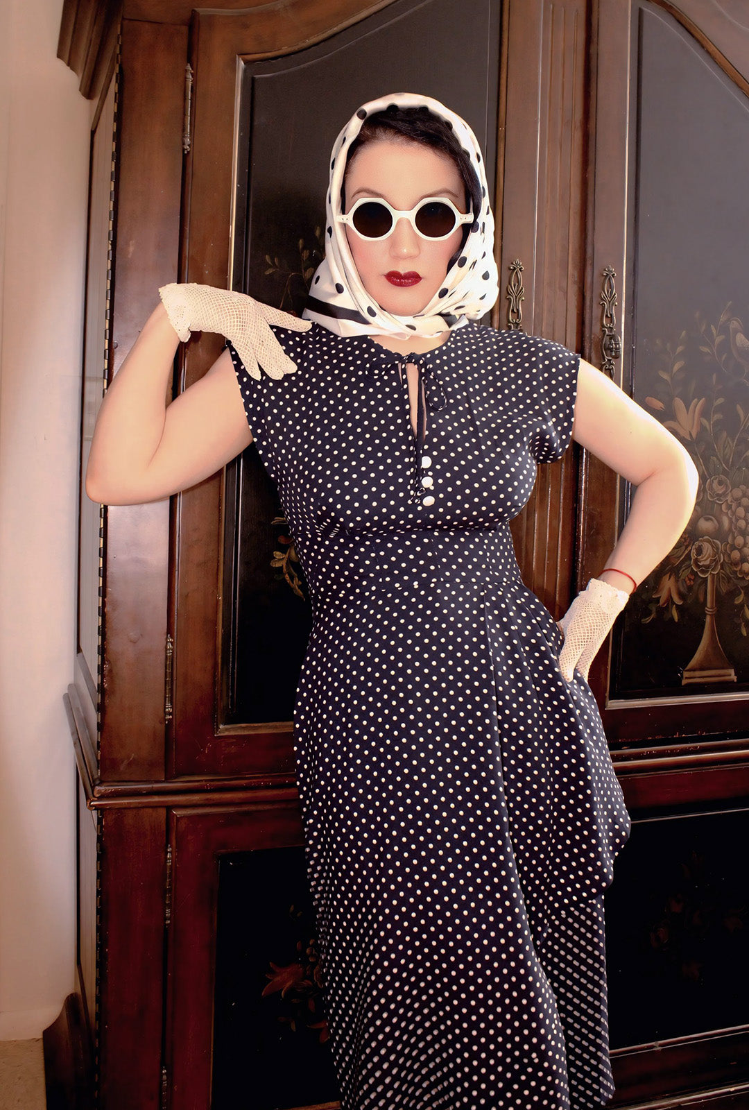 1940s Veronica Tea Dress - Navy Polka