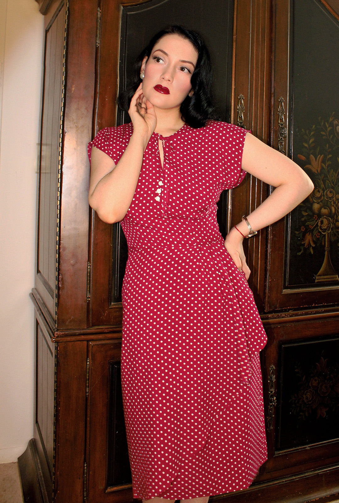 1940s Veronica Tea Dress - Wine Polka