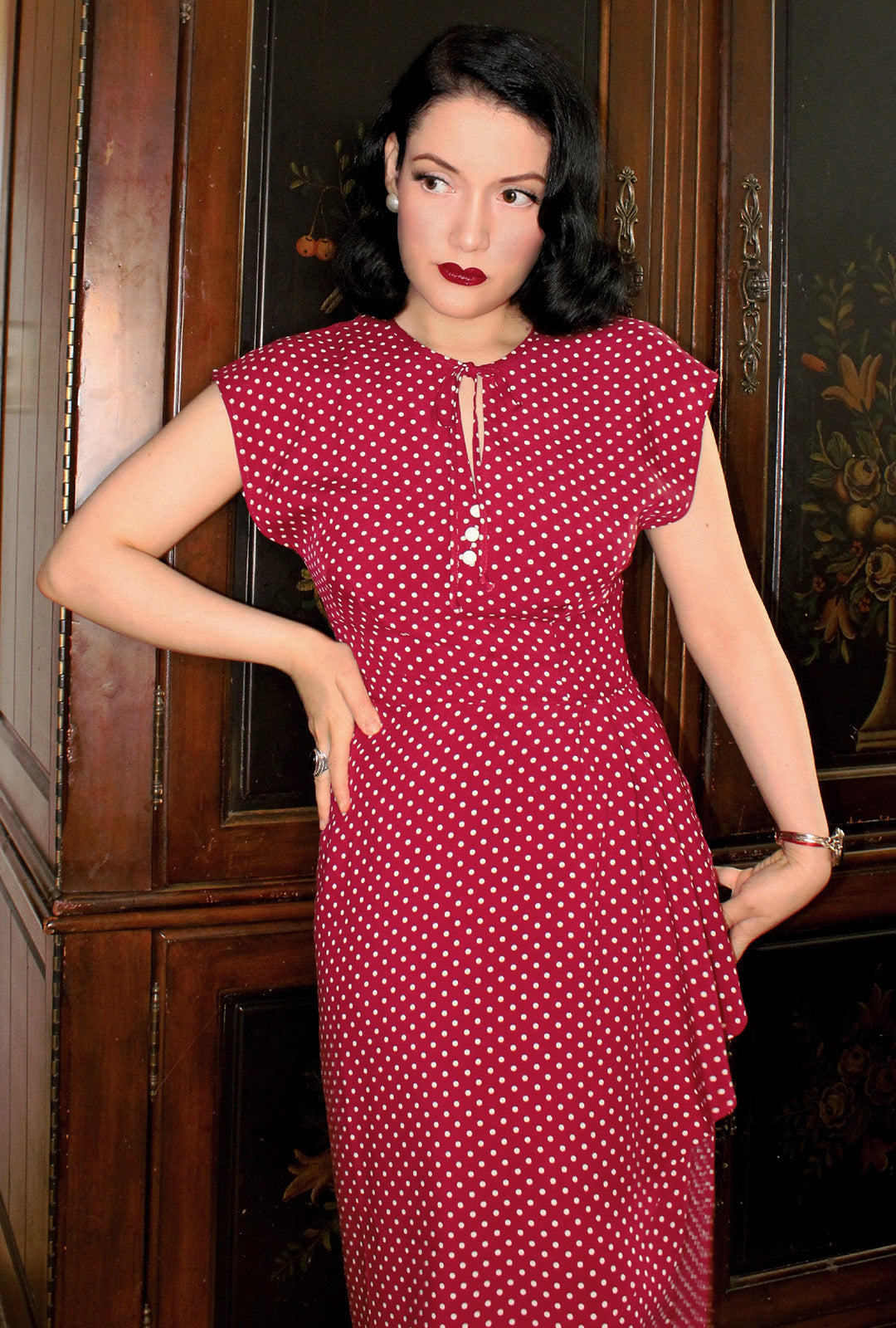 1940s Veronica Tea Dress - Wine Polka