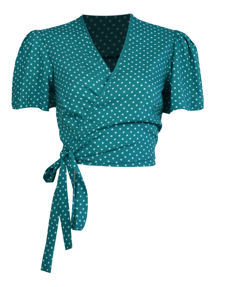 1940s Pinup Wrap Top - Green Polka
