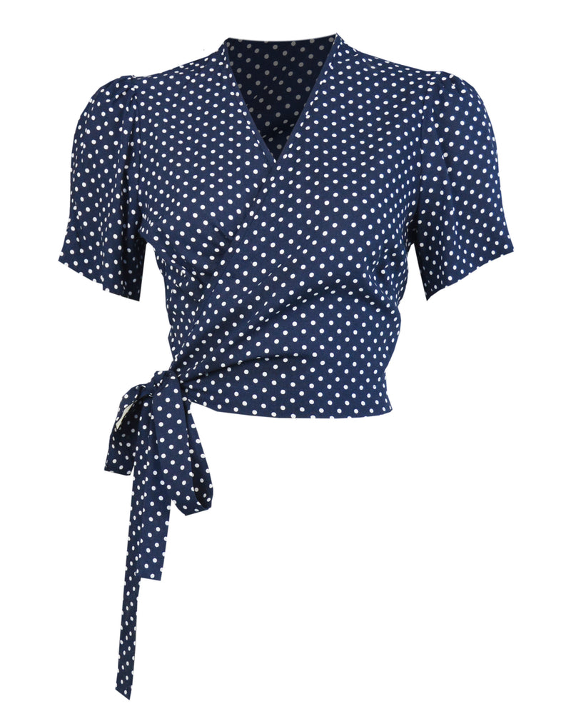 1940s Pinup Wrap Top - Navy Polka