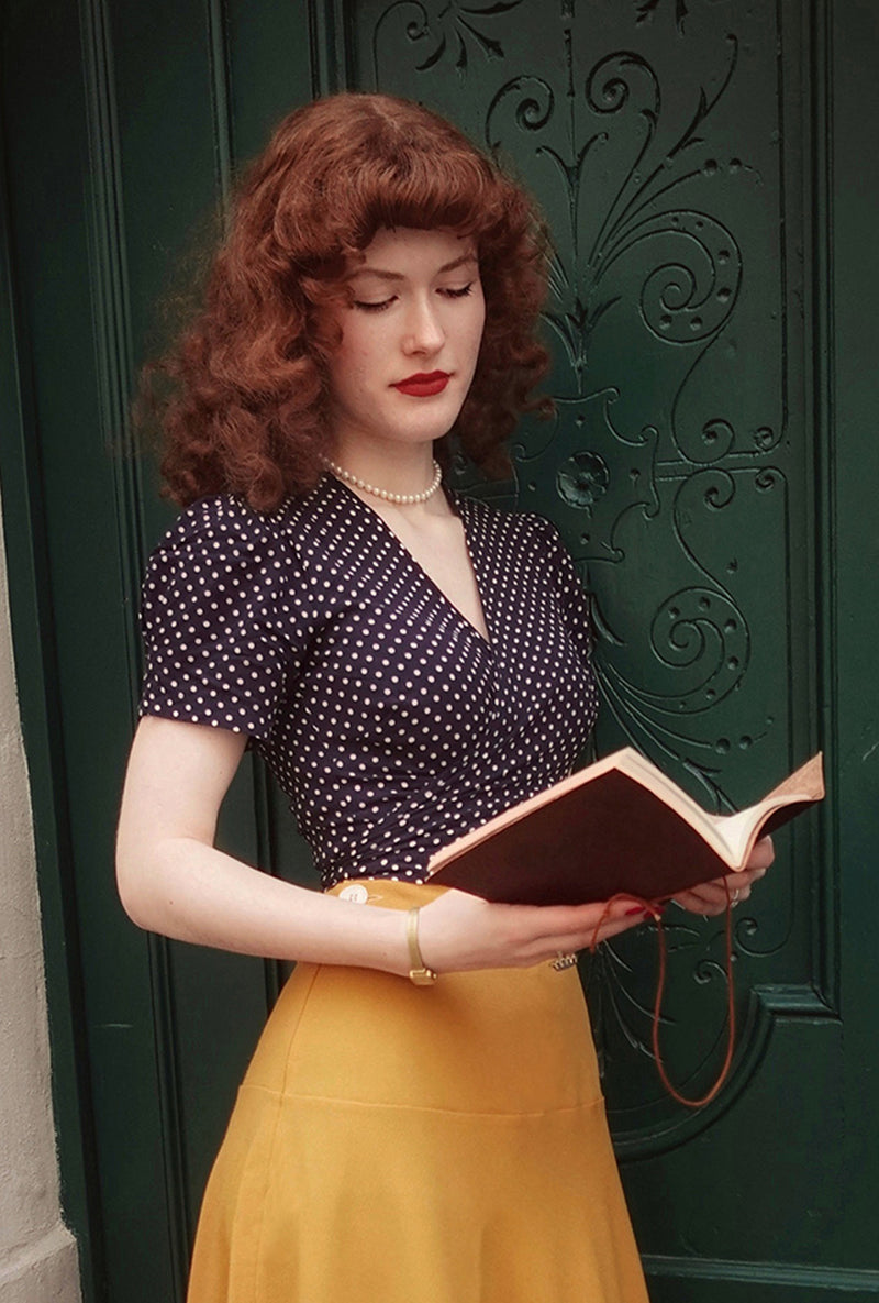 1940s Pinup Wrap Top - Navy Polka