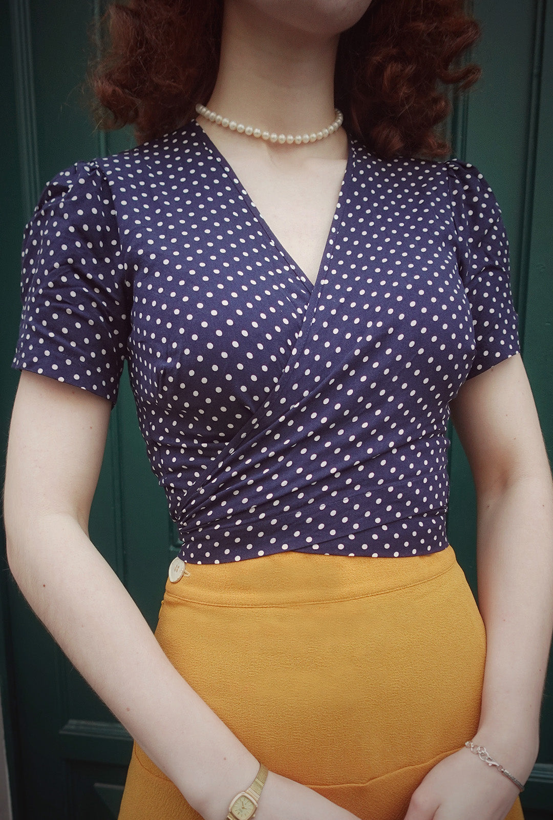 1940s Pinup Wrap Top - Navy Polka